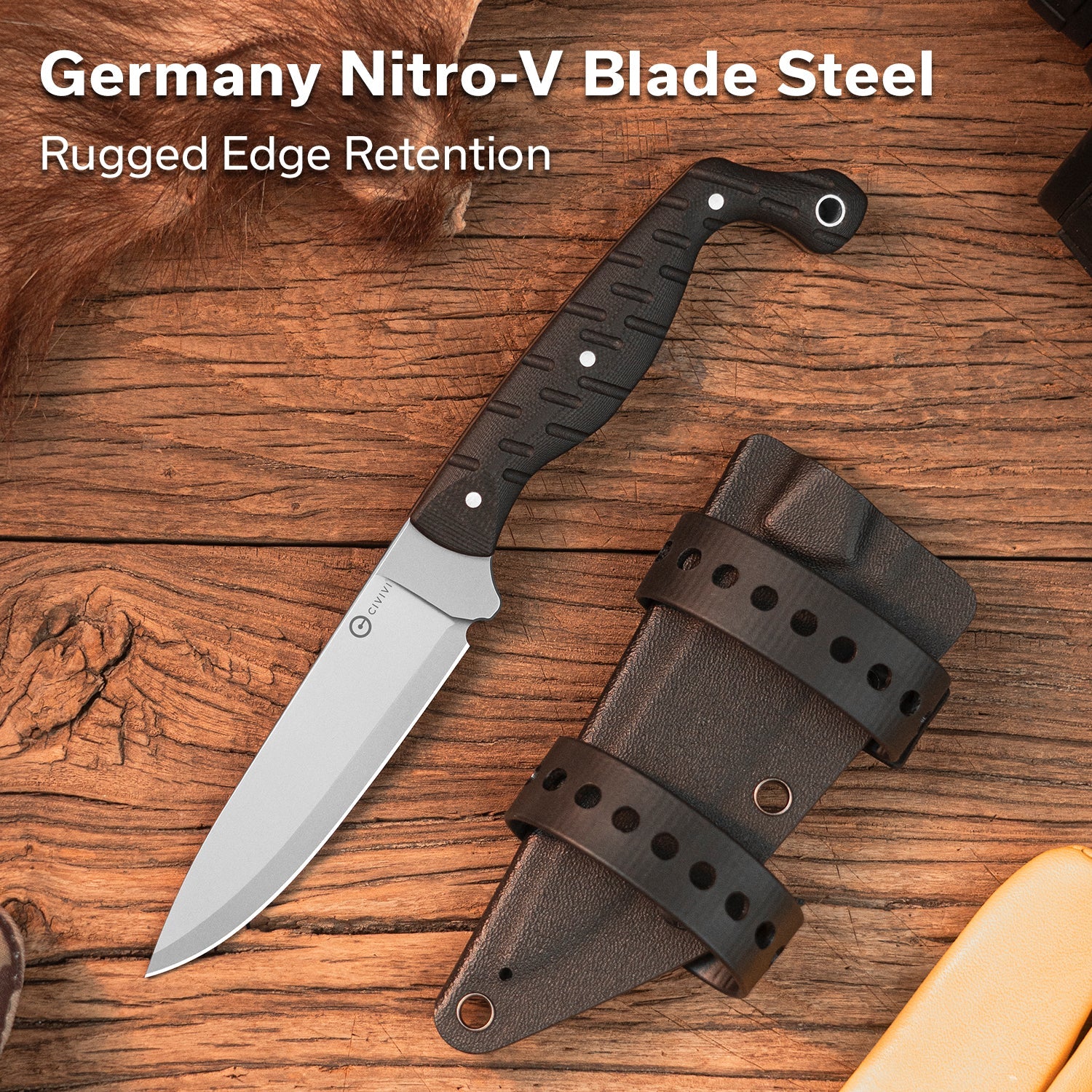 CIVIVI MDRN Hunter Fixed Blade Knife Black G10 Handle (4.12" Stonewashed Nitro-V Blade) C23078-1, With 1PC Black Kydex Sheath & 2PCS Black Straps - Image 4