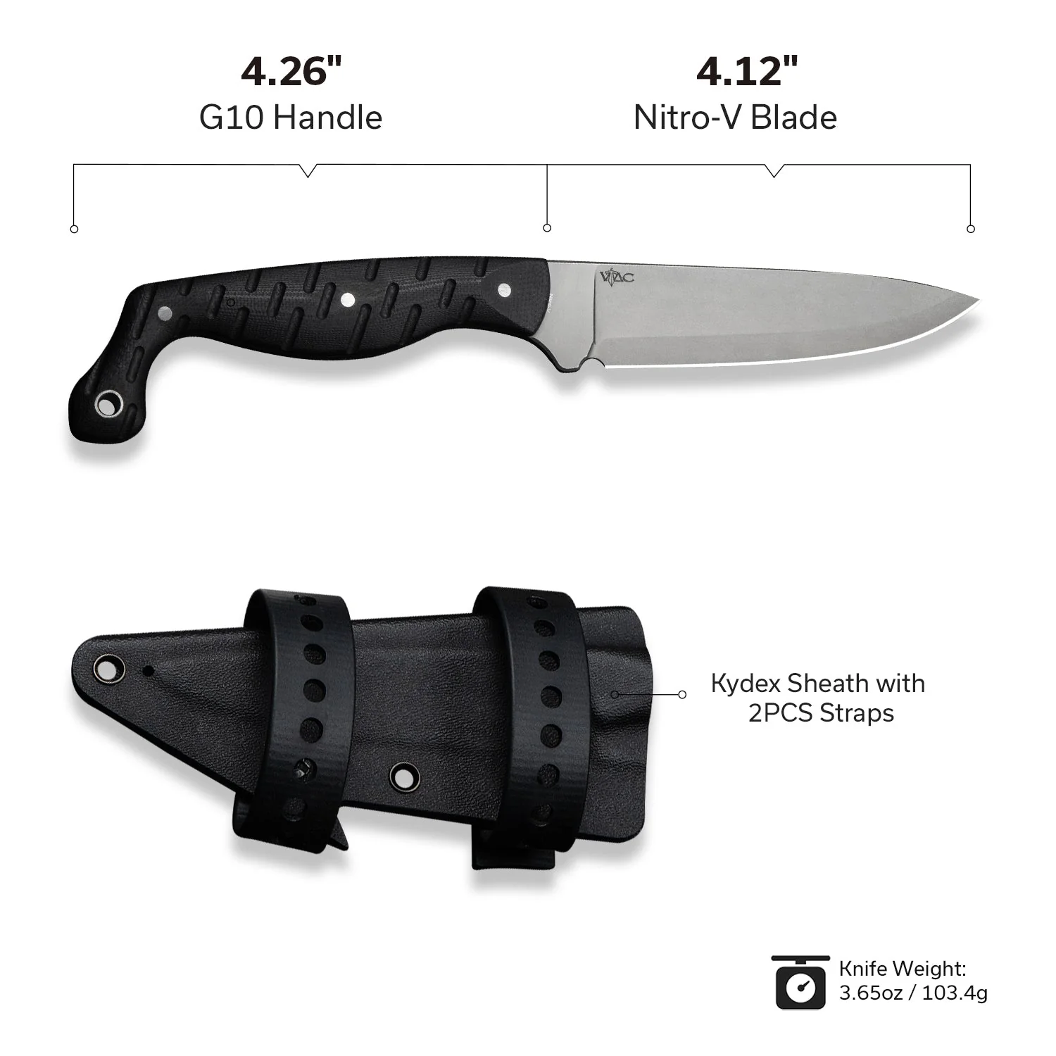 CIVIVI MDRN Hunter Fixed Blade Knife Black G10 Handle (4.12" Stonewashed Nitro-V Blade) C23078-1, With 1PC Black Kydex Sheath & 2PCS Black Straps - Image 7