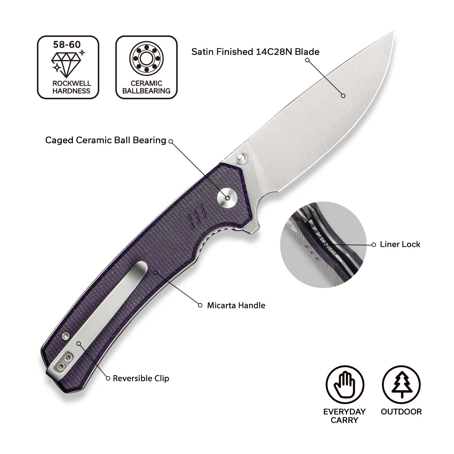 CIVIVI Merit Flipper & Thumb Stud Knife Micarta Handle (3.28" 14C28N Blade) C24012-3 - Image 7