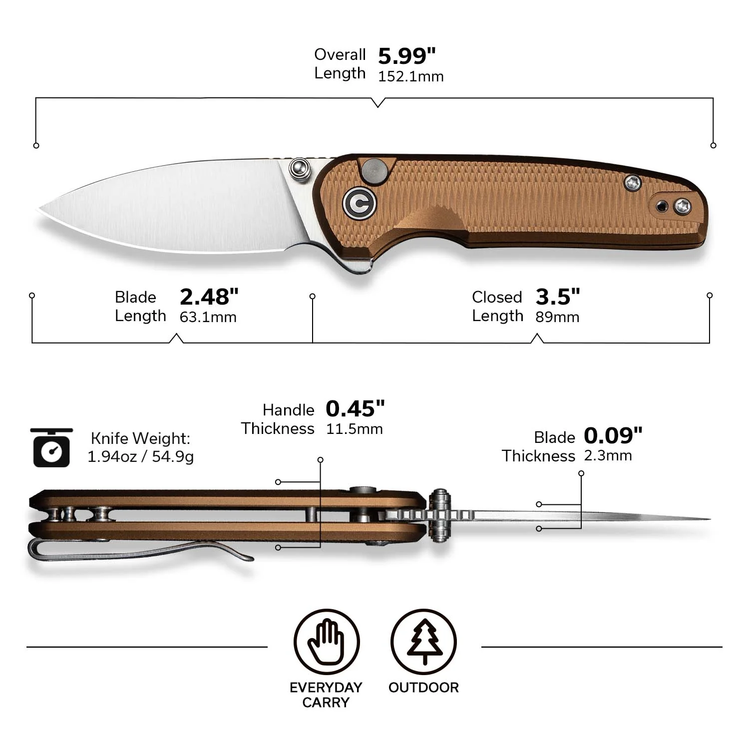 CIVIVI Mini Shakan Flipper & Thumb Stud & Button Lock Knife Ripple Patterned Coyote Brown Aluminum Handle (2.48" Satin Finished Nitro-V Blade) C20052F-3 - Image 7