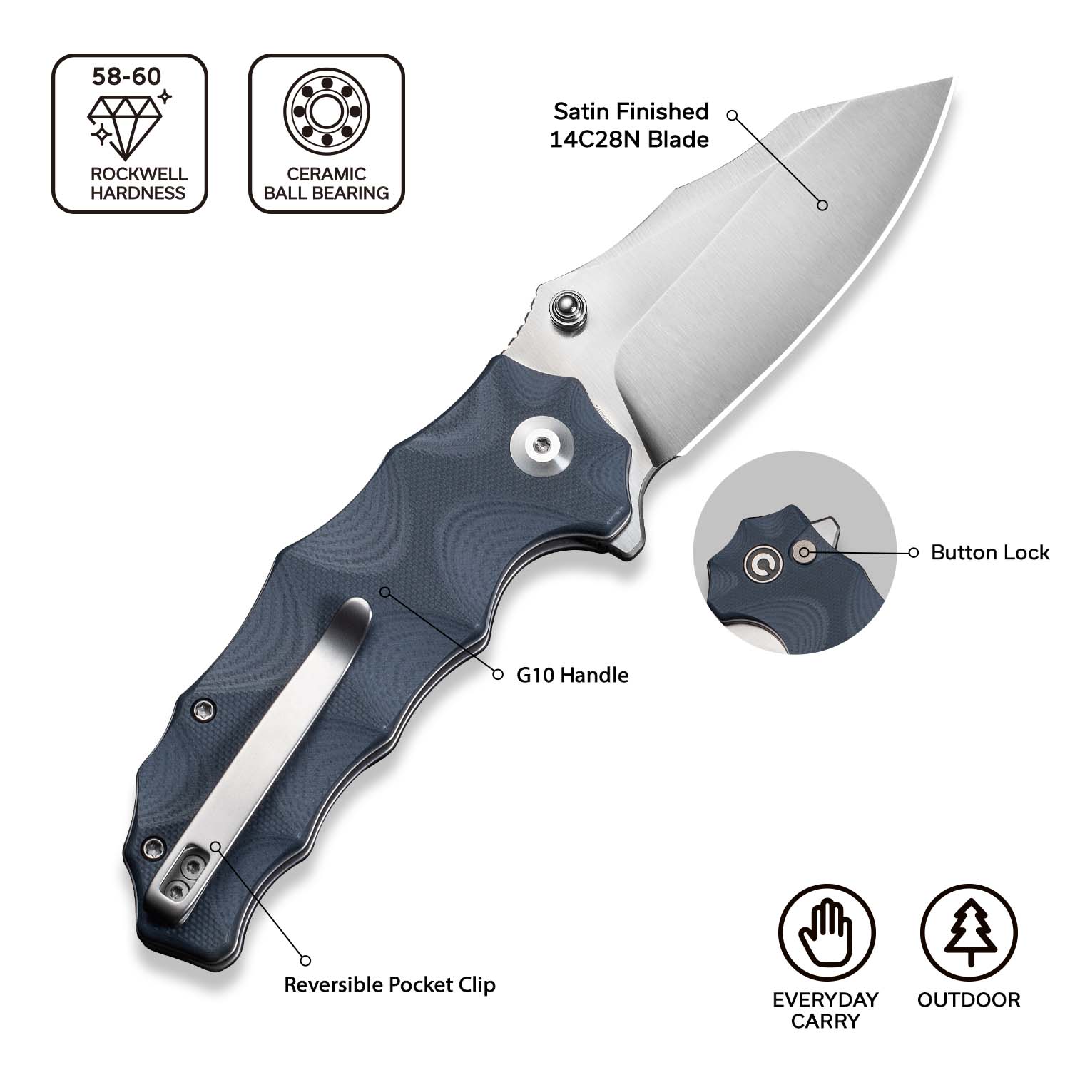 CIVIVI Natterjack Flipper & Thumb Stud & Button Lock Knife G10 Handle (3.19" 14C28N Blade) C24028-2 - Image 6