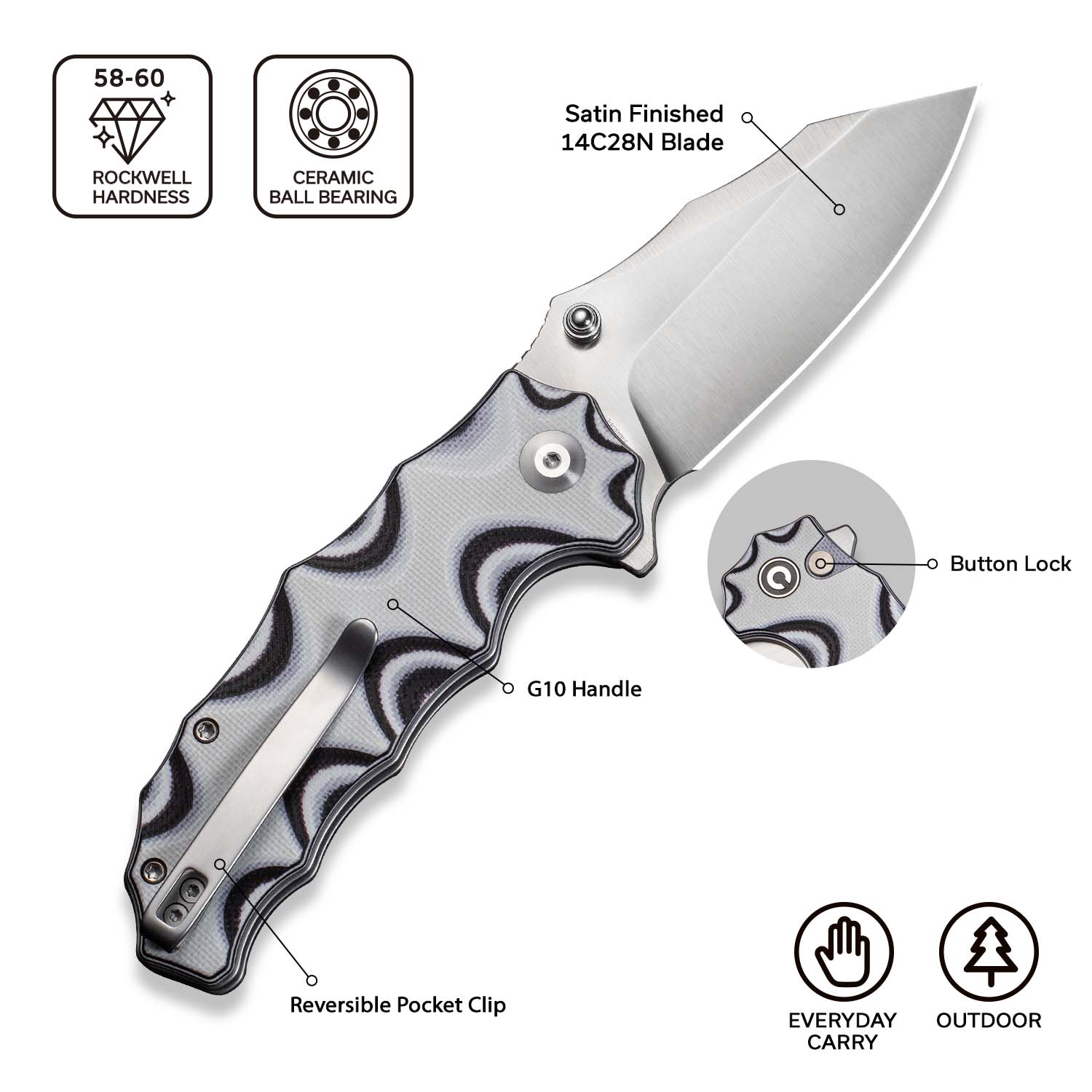 CIVIVI Natterjack Flipper & Thumb Stud & Button Lock Knife G10 Handle (3.19" 14C28N Blade) C24028-3 - Image 6