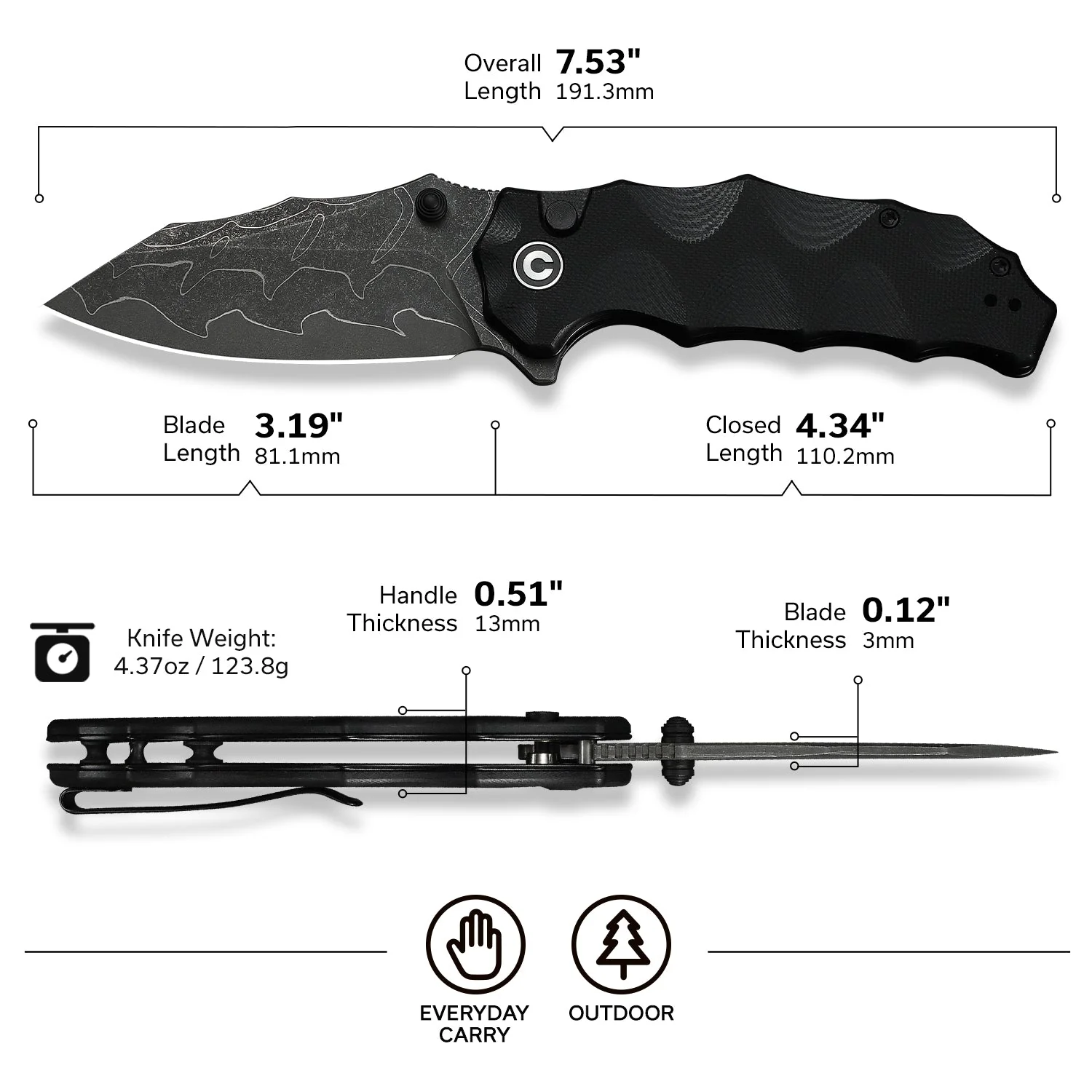 CIVIVI Natterjack Thumb Stud & Button Lock Knife G10 Handle (3.19" Damascus Blade) C24028-DS1 - Image 7