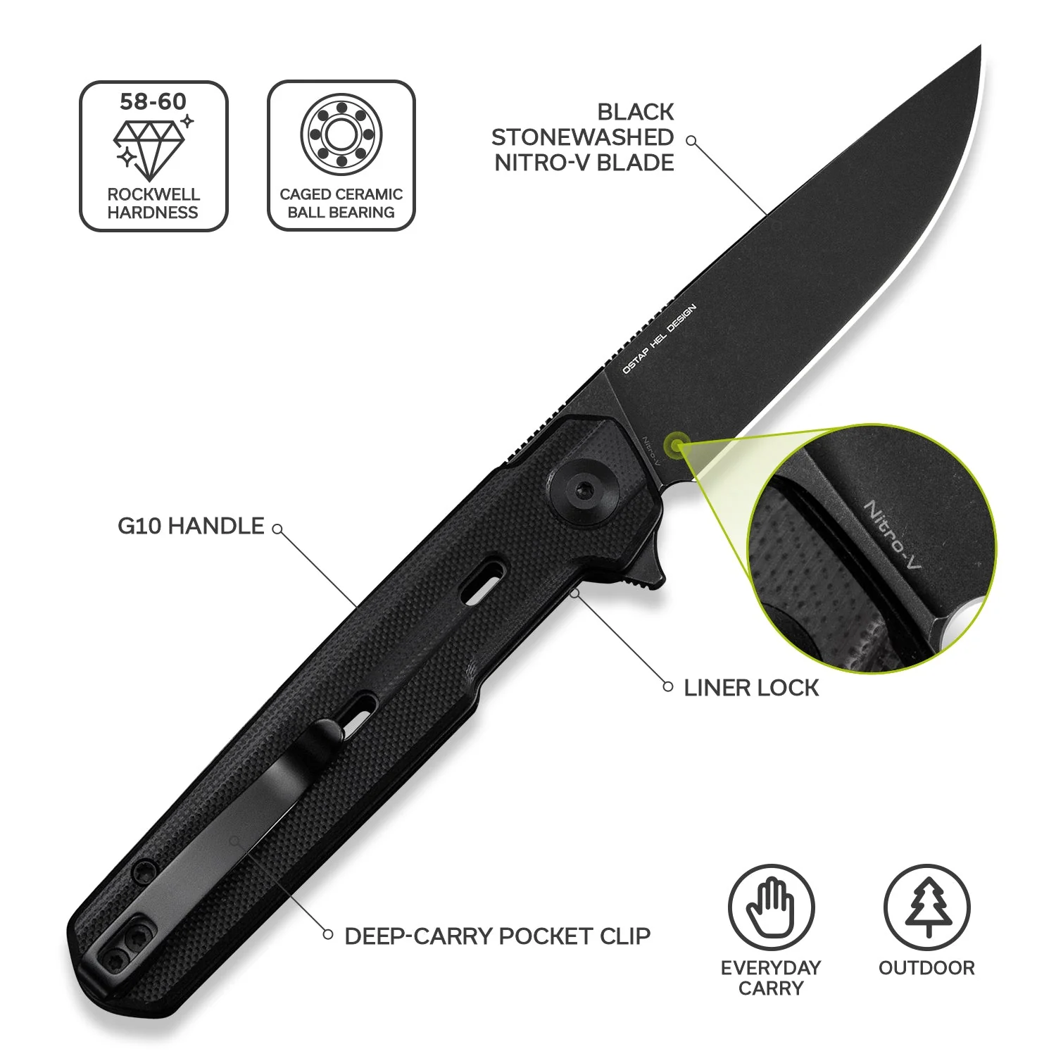 CIVIVI Navo Flipper Knife Black G10 Handle (3.25" Black Stonewashed Nitro-V Blade) C25015A-1 - Image 7