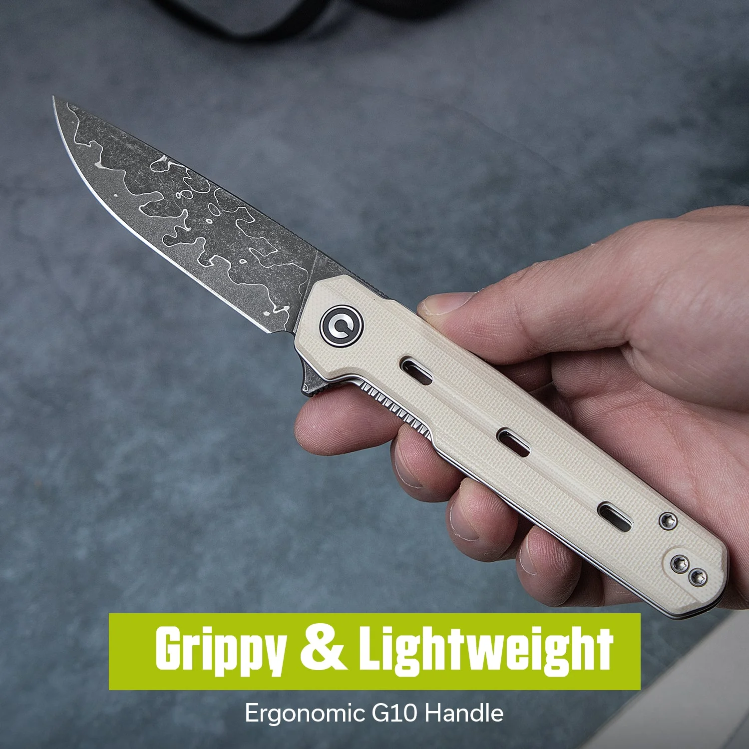 CIVIVI Navo Flipper Knife Ivory G10 Handle (3.25" Damascus Blade) C25015A-DS1 - Image 4