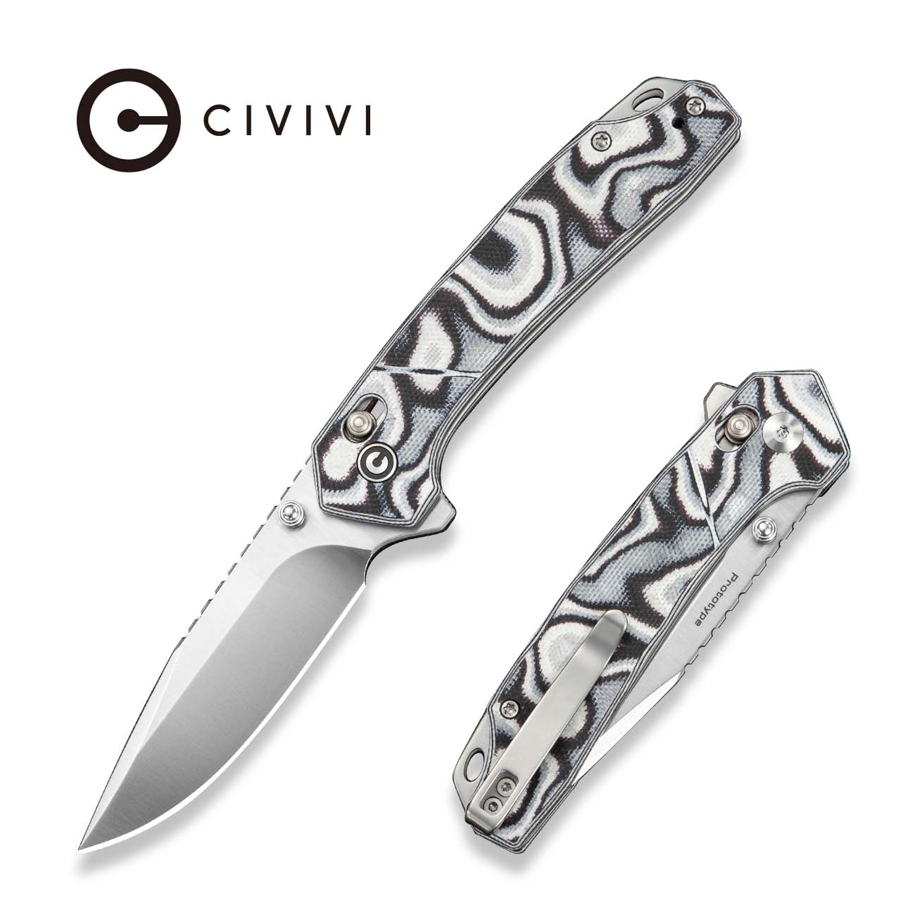 CIVIVI Nemain Flipper & Button Lock Knife Black & White G10 Handle (3.15" Satin Finished Nitro-V Blade) C25083 Sample1