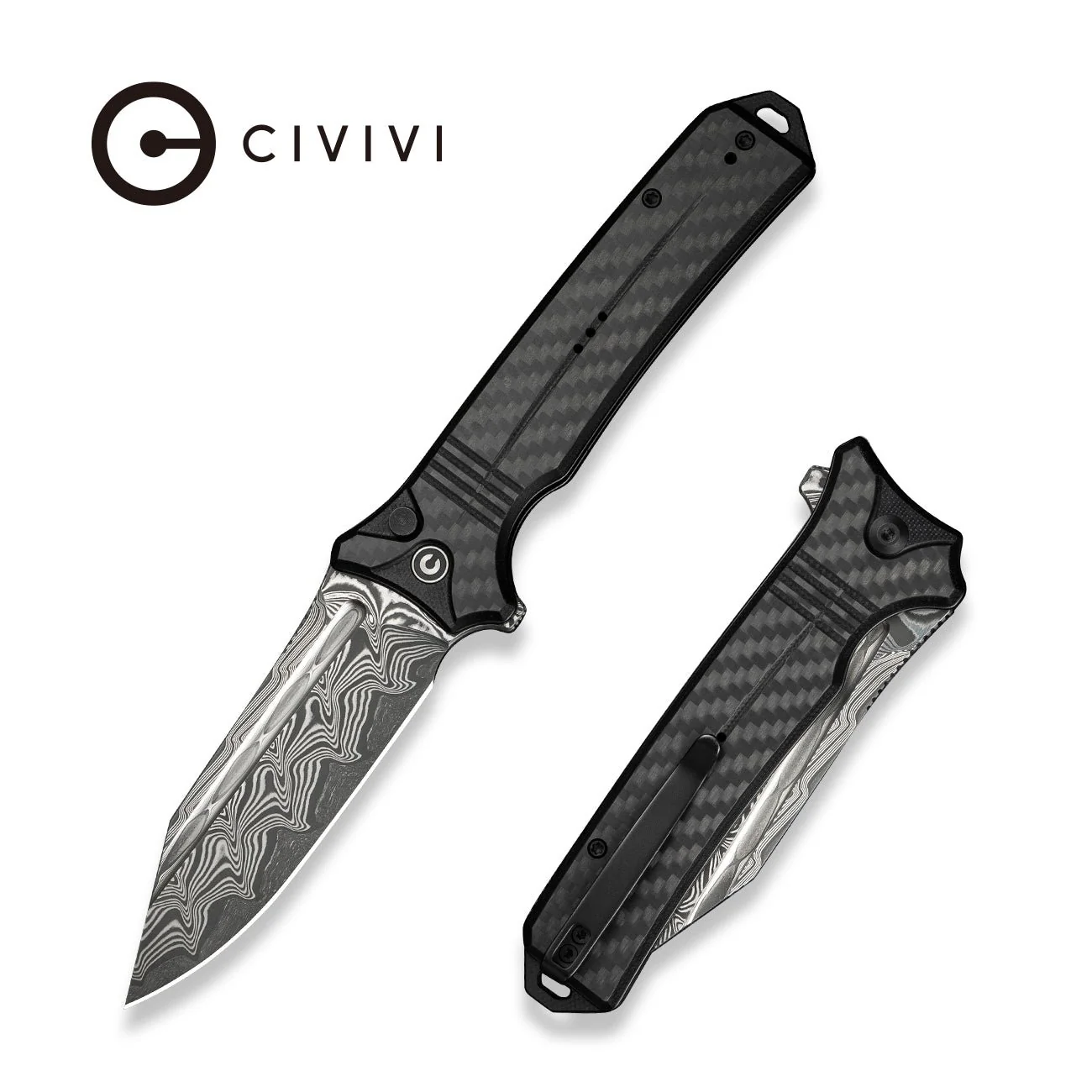 CIVIVI Neurohaptic Flipper & Button Lock Knife Carbon Fiber Overlay On Black G10 Handle (3.74" Damascus Blade) C23080-DS1