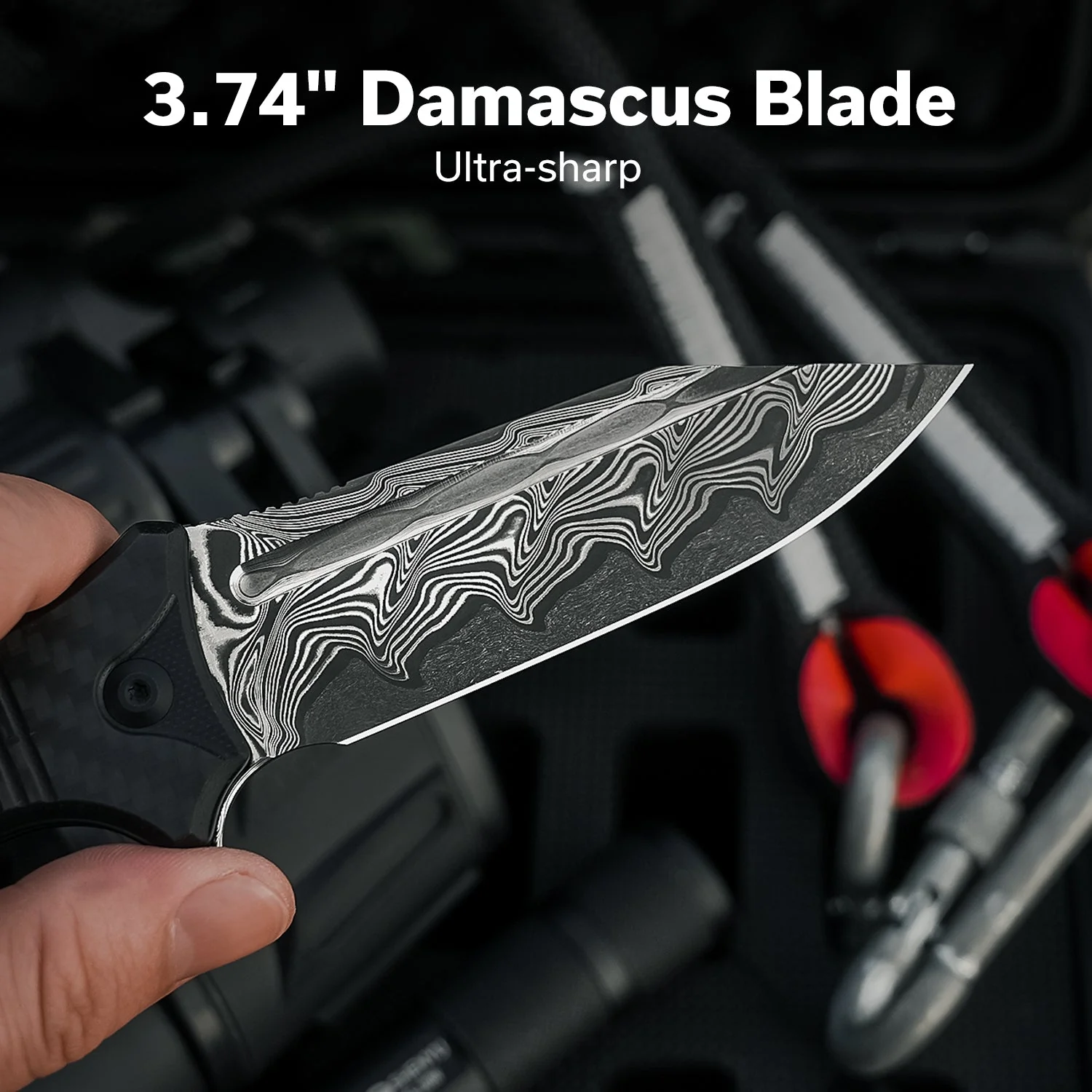 CIVIVI Neurohaptic Flipper & Button Lock Knife Carbon Fiber Overlay On Black G10 Handle (3.74" Damascus Blade) C23080-DS1 - Image 3