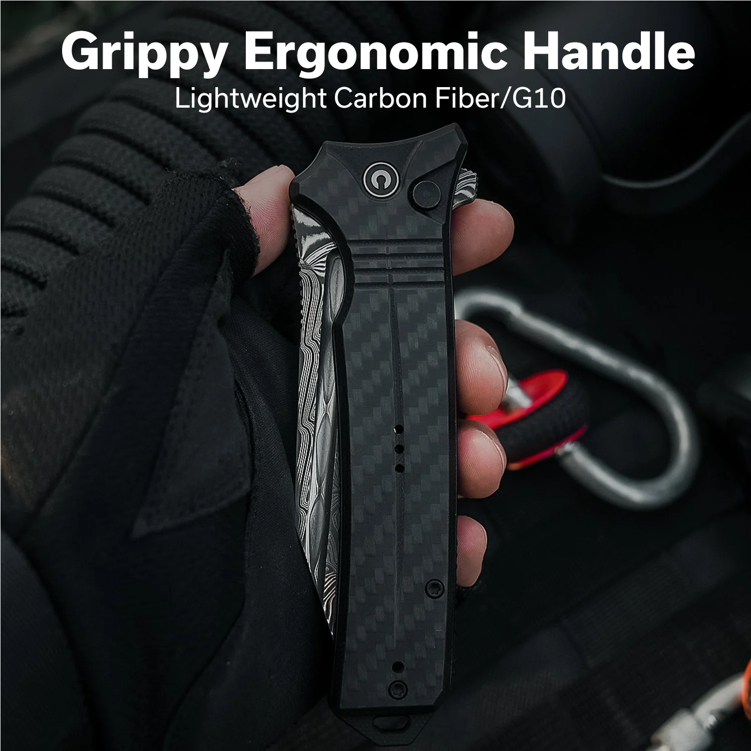 CIVIVI Neurohaptic Flipper & Button Lock Knife Carbon Fiber Overlay On Black G10 Handle (3.74" Damascus Blade) C23080-DS1 - Image 4