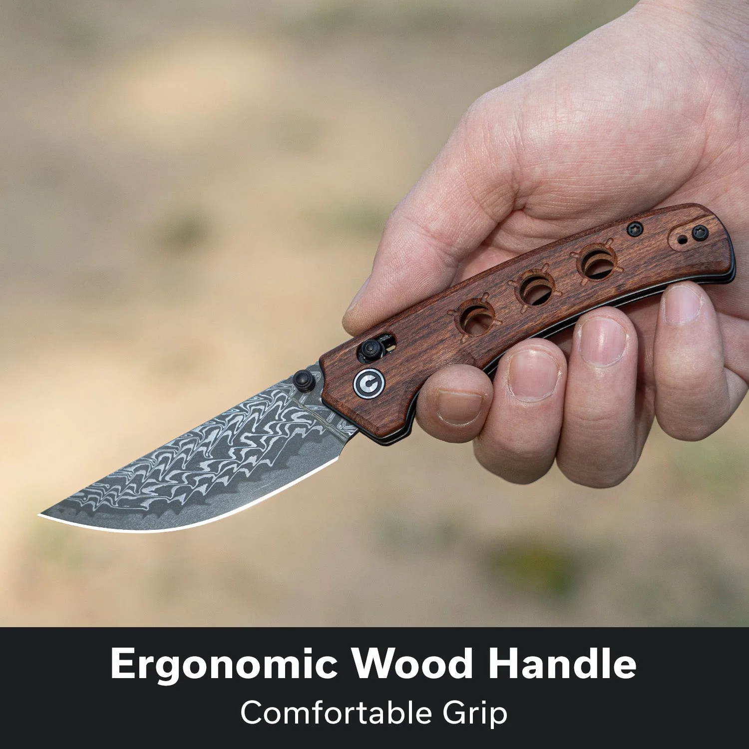 CIVIVI Noctis Thumb Stud & Crossbar Lock Knife Guibourtia Wood Handle (2.98" Damascus Blade) C24020C-DS1 - Image 3