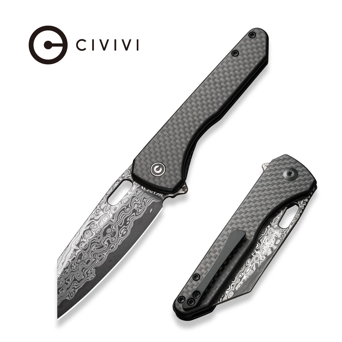 CIVIVI Nugz Flipper & Thumb Hole Knife Carbon Fiber & G10 Handle (3.17" Damascus Blade) C23060-DS1