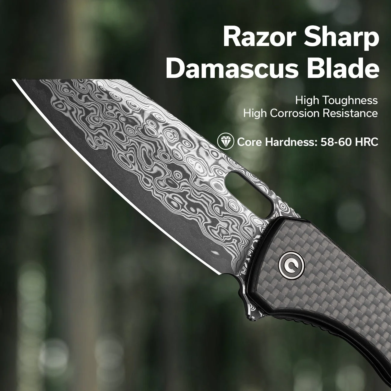 CIVIVI Nugz Flipper & Thumb Hole Knife Carbon Fiber & G10 Handle (3.17" Damascus Blade) C23060-DS1 - Image 2