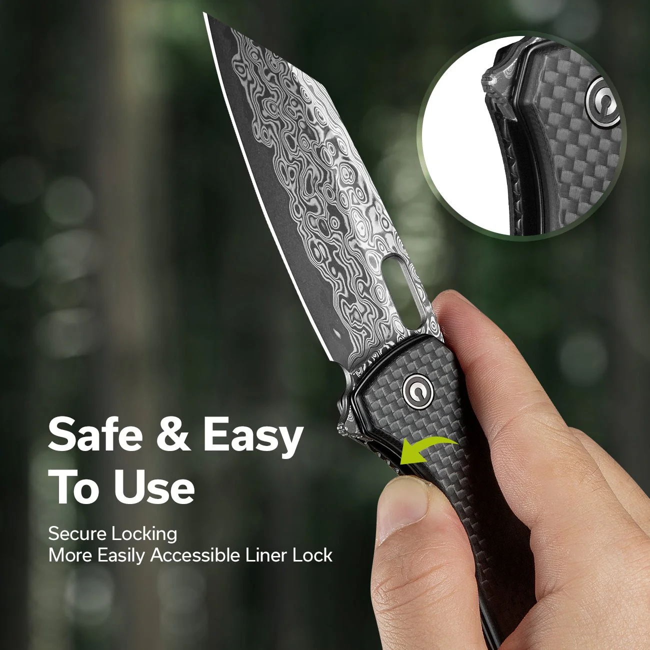 CIVIVI Nugz Flipper & Thumb Hole Knife Carbon Fiber & G10 Handle (3.17" Damascus Blade) C23060-DS1 - Image 3