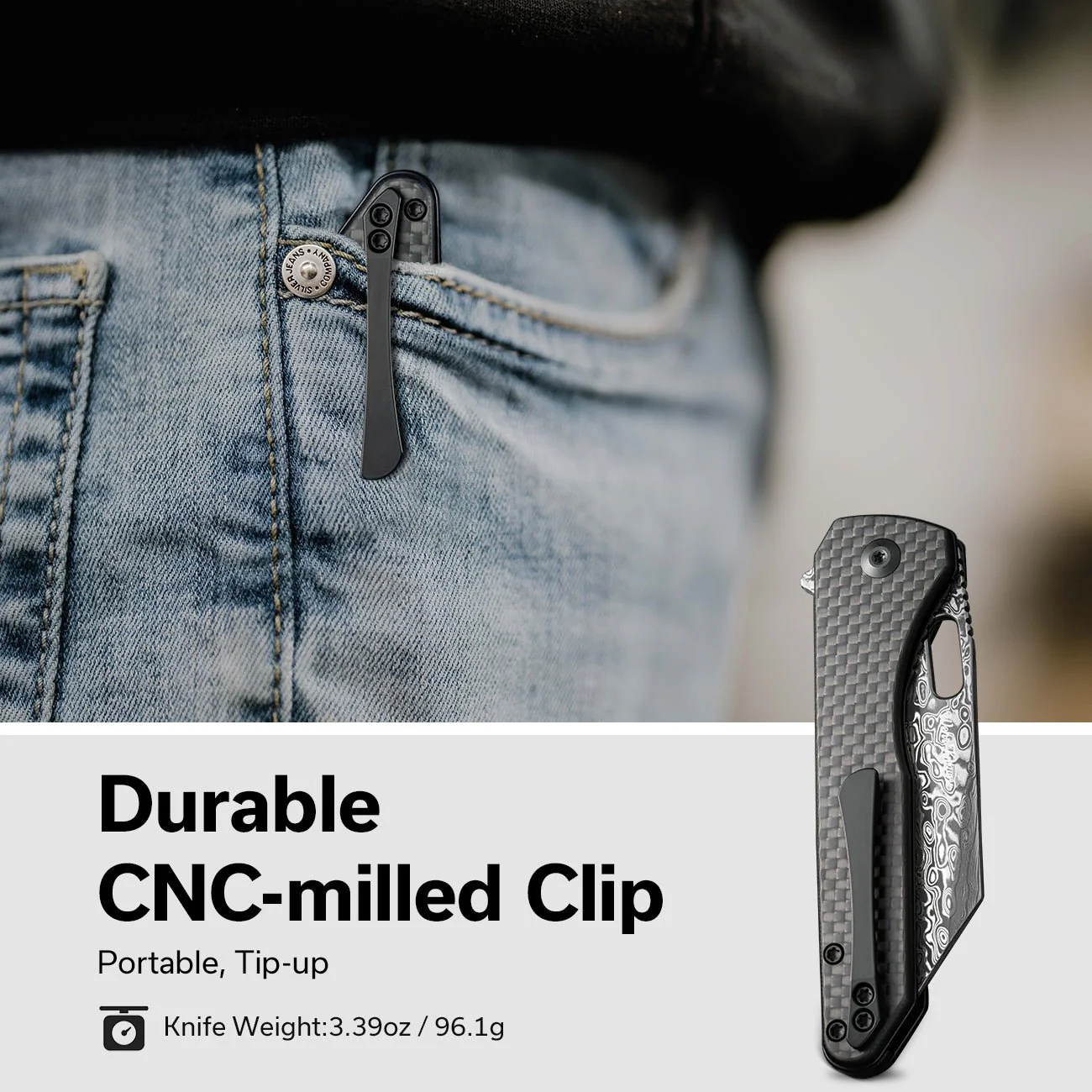 CIVIVI Nugz Flipper & Thumb Hole Knife Carbon Fiber & G10 Handle (3.17" Damascus Blade) C23060-DS1 - Image 6