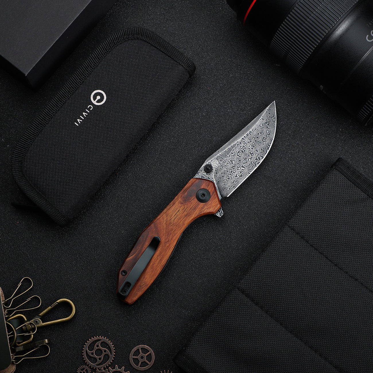 CIVIVI ODD 22 Flipper & Thumb Stud Knife Wood Handle (2.97" Damascus Blade) C21032-DS1 , - Image 3