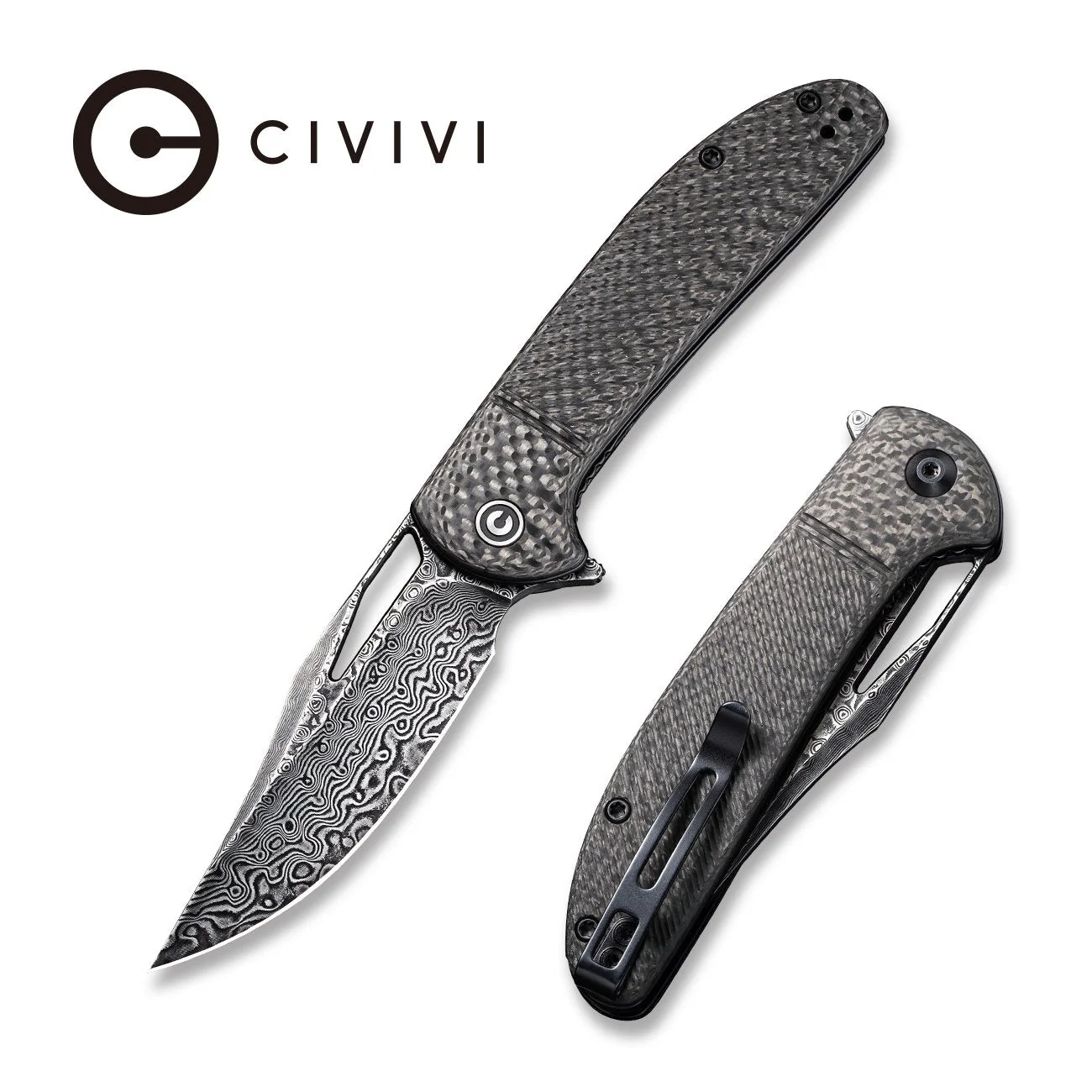 CIVIVI Ortis Flipper & Thumb Hole Knife Carbon Fiber Handle (3.25" Damascus Blade) C2013DS-1