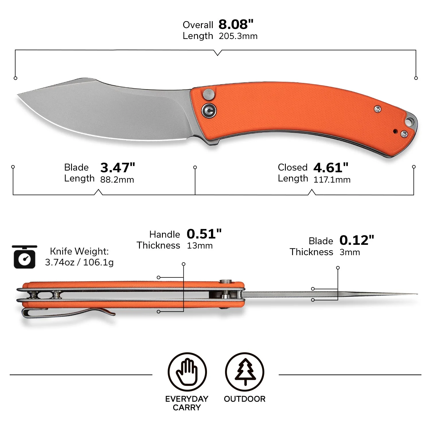 CIVIVI Outlaw Muk Flipper & Button Lock Knife Orange G10 Handle (3.47" Stonewashed 14C28N Blade) C24079-2 - Image 8