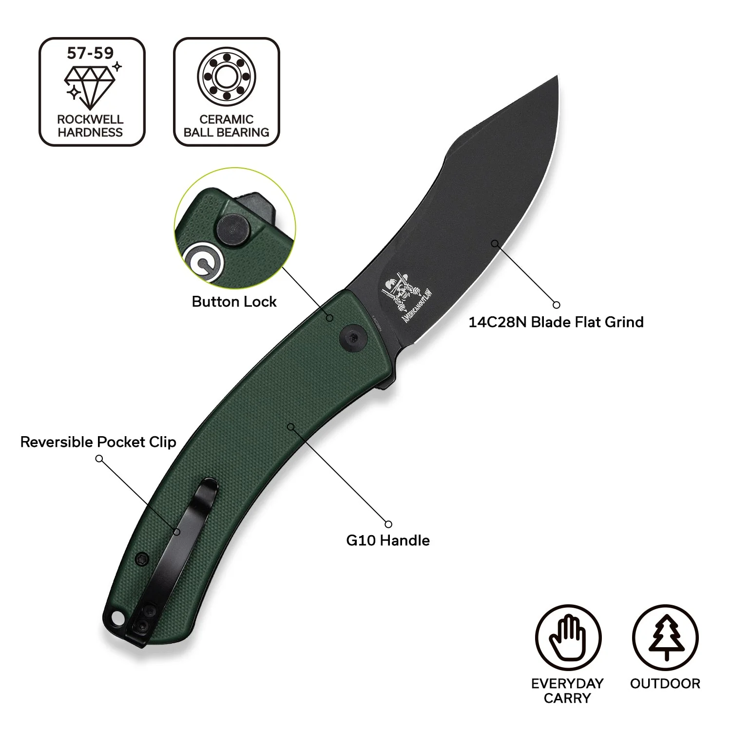 CIVIVI Outlaw Muk Flipper & Button Lock Knife Teal Green G10 Handle (3.47" Black Stonewashed 14C28N Blade) C24079-3 - Image 7