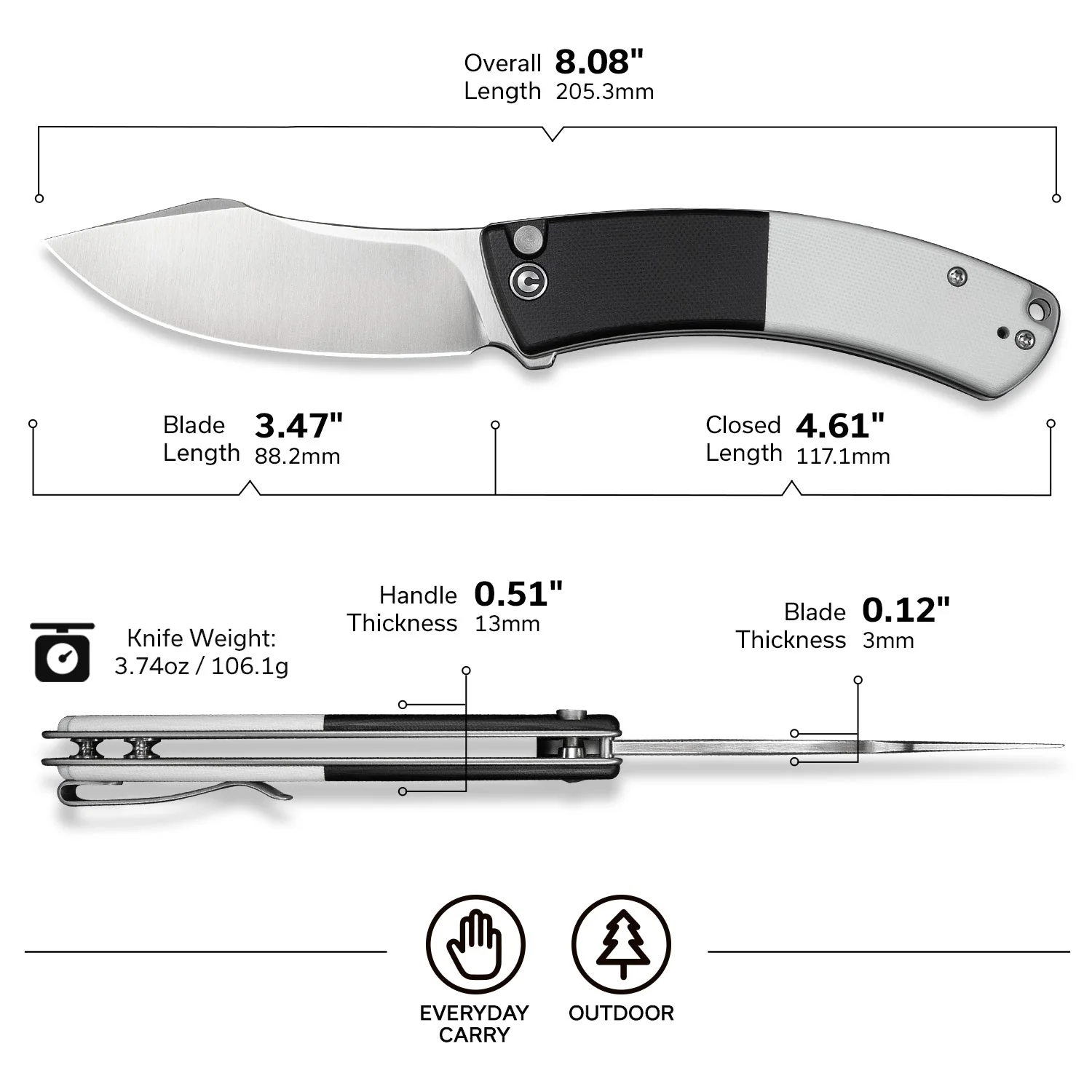 CIVIVI Outlaw Muk Flipper & Button Lock Knife Black & White G10 Handle (3.47" Satin Finished 14C28N Blade) C24079-4 - Image 8