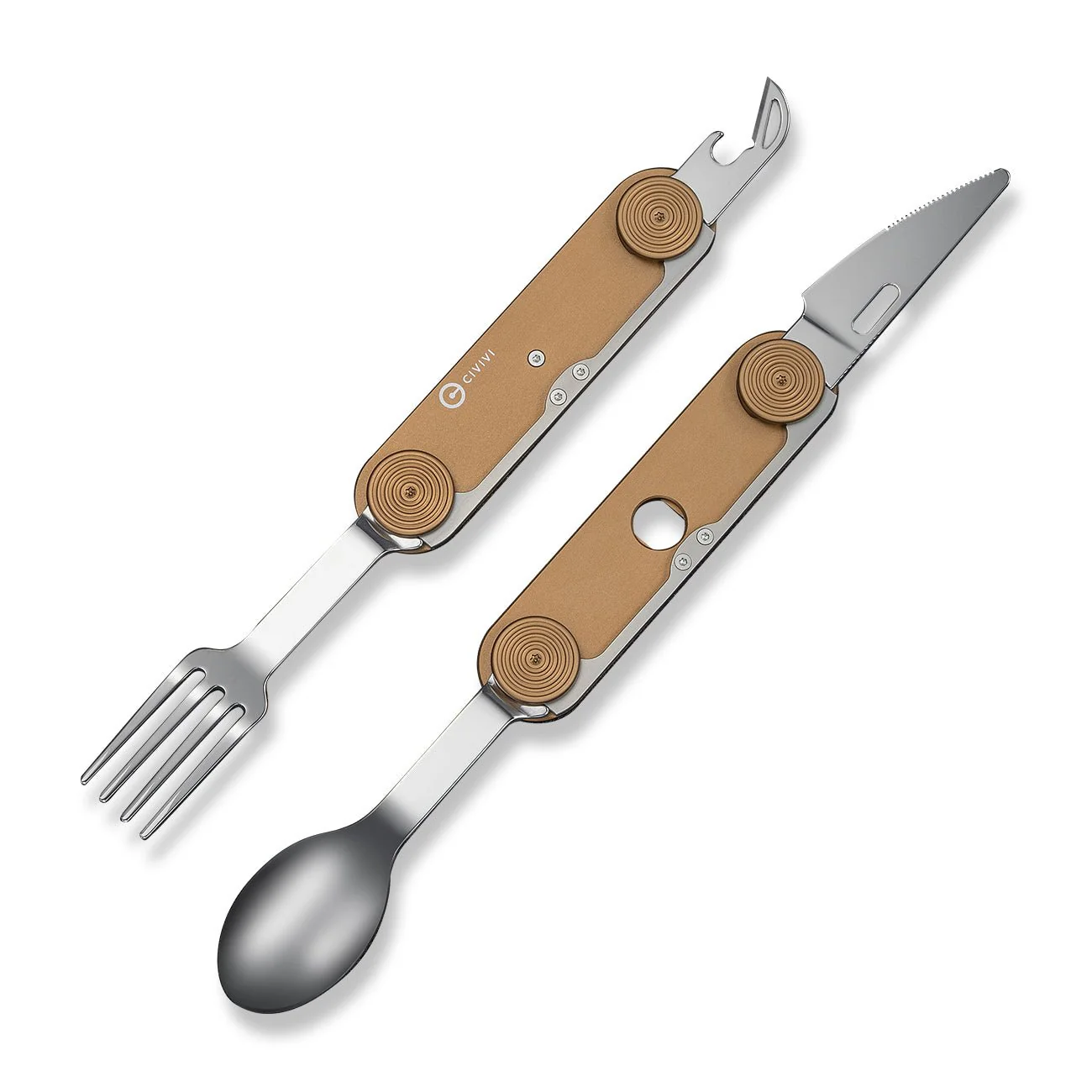 CIVIVI Partake 4-In-1 Multi-Tool Coyote Brown Aluminum Handle Stainless Steel Knife, Fork, Spoon & Can Opener C24032C-2, With A Waxed Canvas Pouch - Image 3