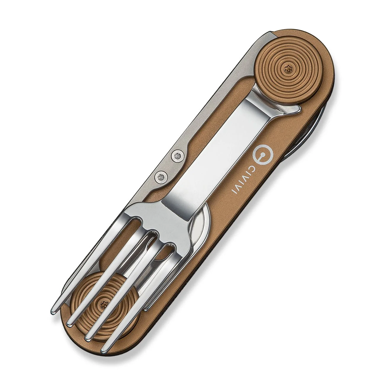 CIVIVI Partake 4-In-1 Multi-Tool Coyote Brown Aluminum Handle Stainless Steel Knife, Fork, Spoon & Can Opener C24032C-2, With A Waxed Canvas Pouch - Image 4