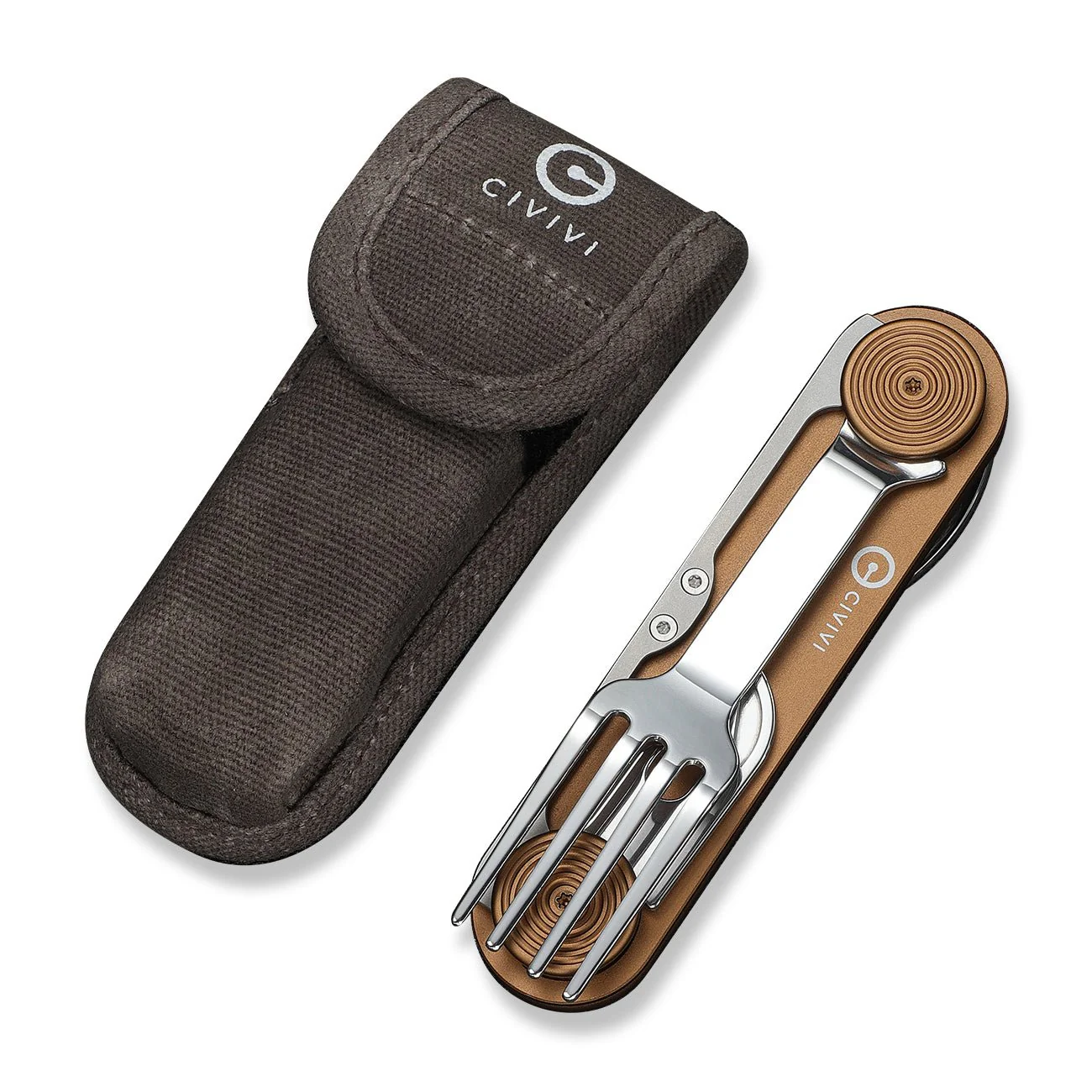 CIVIVI Partake 4-In-1 Multi-Tool Coyote Brown Aluminum Handle Stainless Steel Knife, Fork, Spoon & Can Opener C24032C-2, With A Waxed Canvas Pouch - Image 8