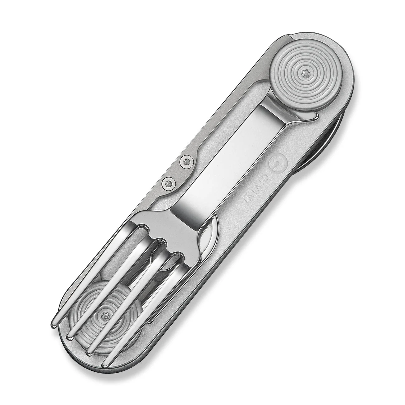 CIVIVI Partake 4-In-1 Multi-Tool Silver Aluminum Handle Stainless Steel Knife, Fork, Spoon & Can Opener C24032C-3, With A Waxed Canvas Pouch - Image 4