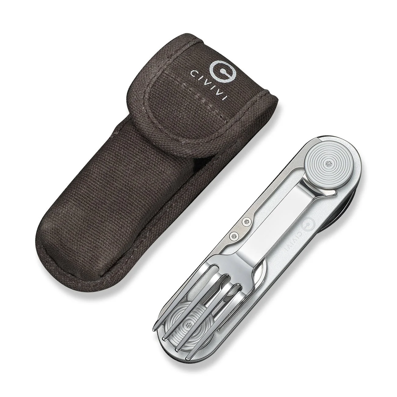 CIVIVI Partake 4-In-1 Multi-Tool Silver Aluminum Handle Stainless Steel Knife, Fork, Spoon & Can Opener C24032C-3, With A Waxed Canvas Pouch - Image 8