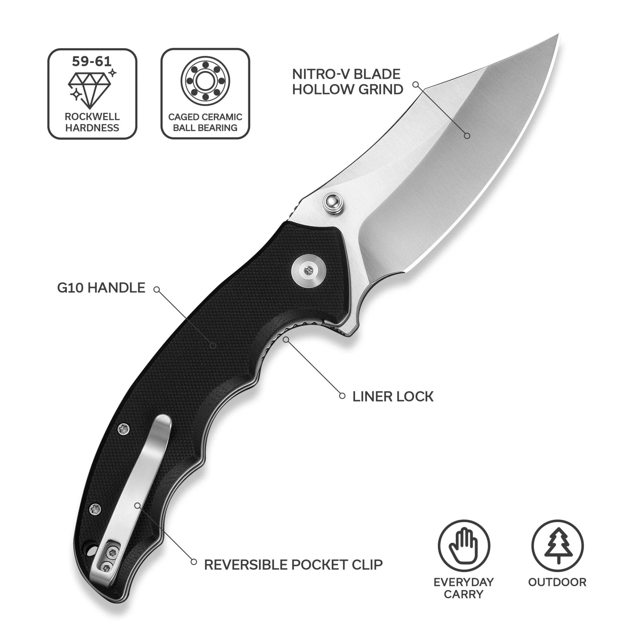 CIVIVI Pentad Flipper & Thumb Stud Knife Black G10 Handle (3.48" Satin Finished Nitro-V Blade) C24068-1 - Image 6