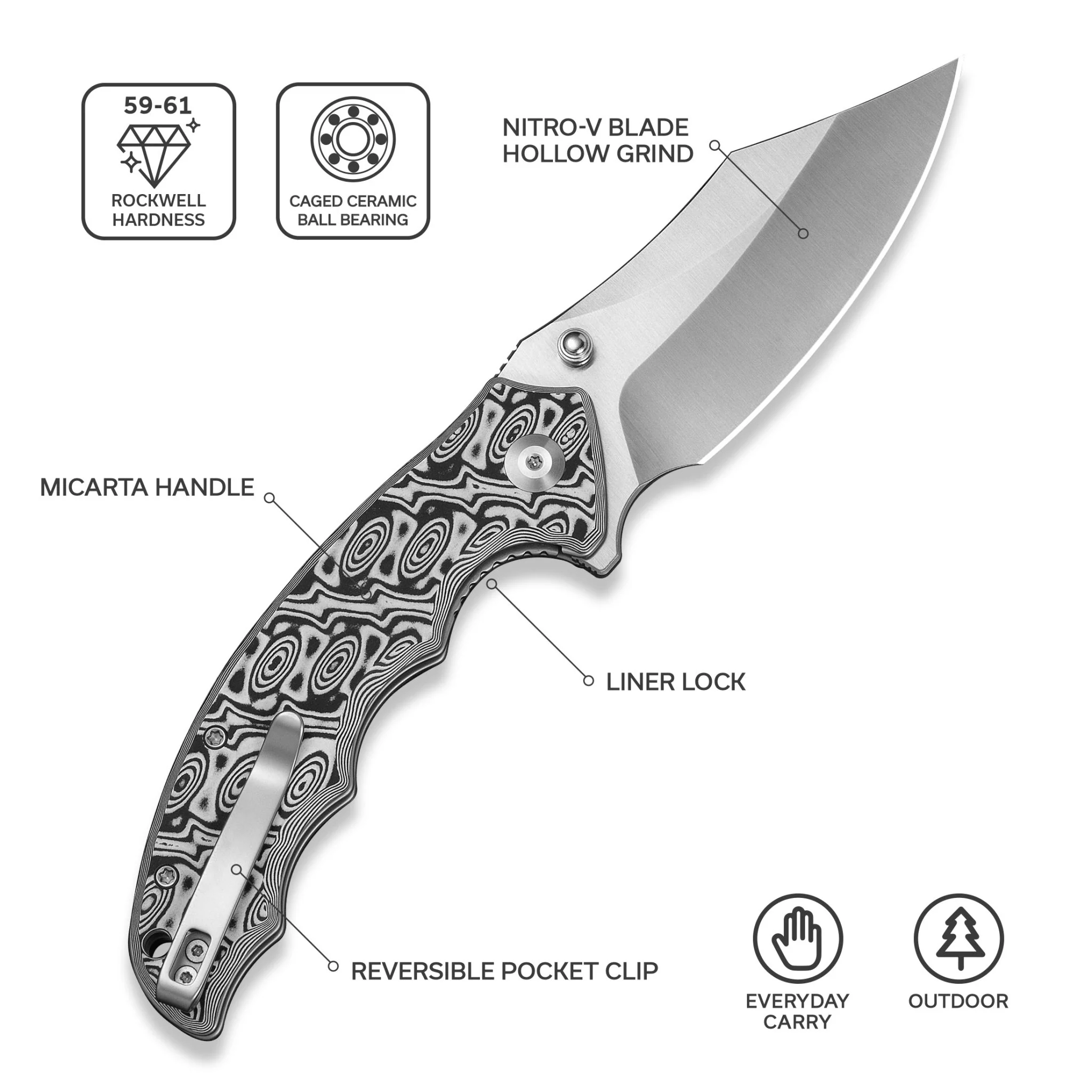 CIVIVI Pentad Flipper & Thumb Stud Knife Black / White Vortex Micarta Handle (3.48" Satin Finished Nitro-V Blade) C24068-3 - Image 6