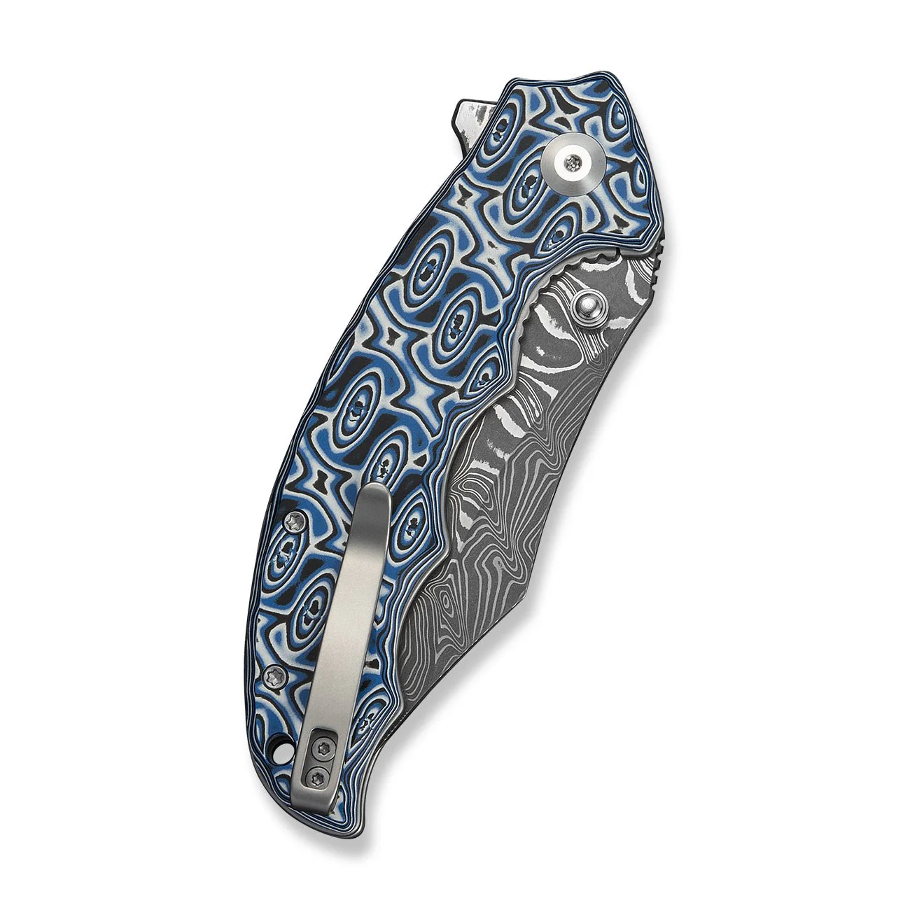 CIVIVI Pentad Flipper & Thumb Stud Knife Blue / White Vortex Micarta Handle (3.48" Damascus Blade) C24068-DS1 - Image 12