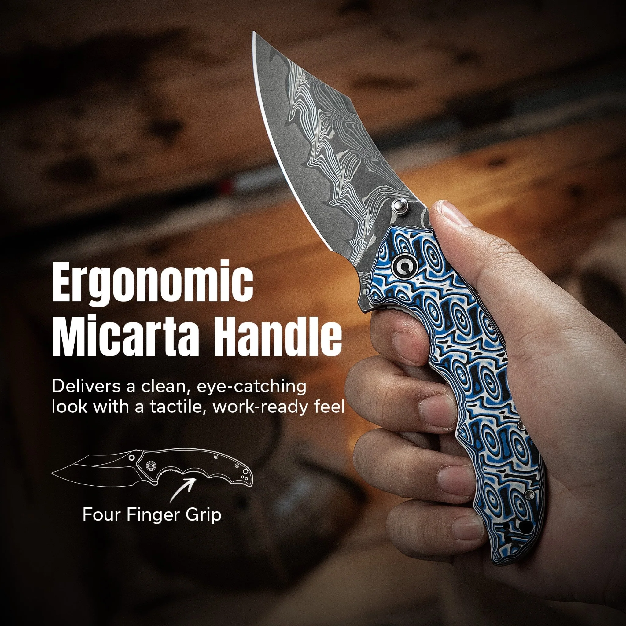 CIVIVI Pentad Flipper & Thumb Stud Knife Blue / White Vortex Micarta Handle (3.48" Damascus Blade) C24068-DS1 - Image 3