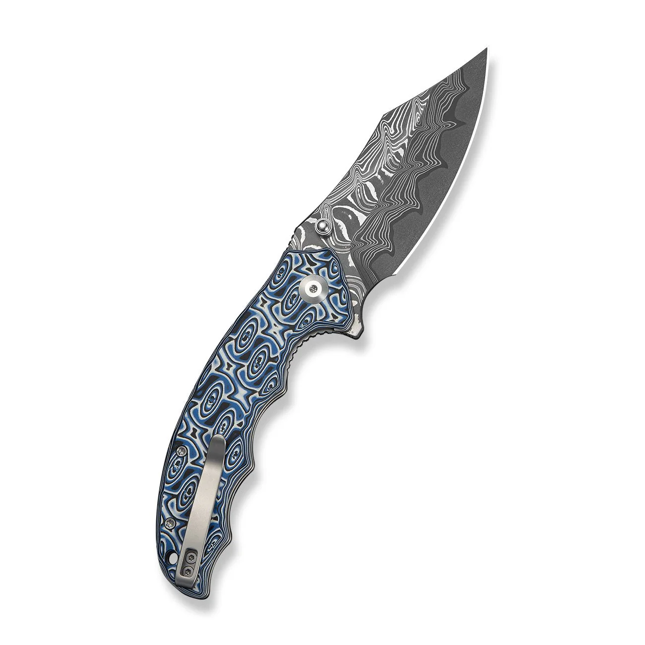 CIVIVI Pentad Flipper & Thumb Stud Knife Blue / White Vortex Micarta Handle (3.48" Damascus Blade) C24068-DS1 - Image 7