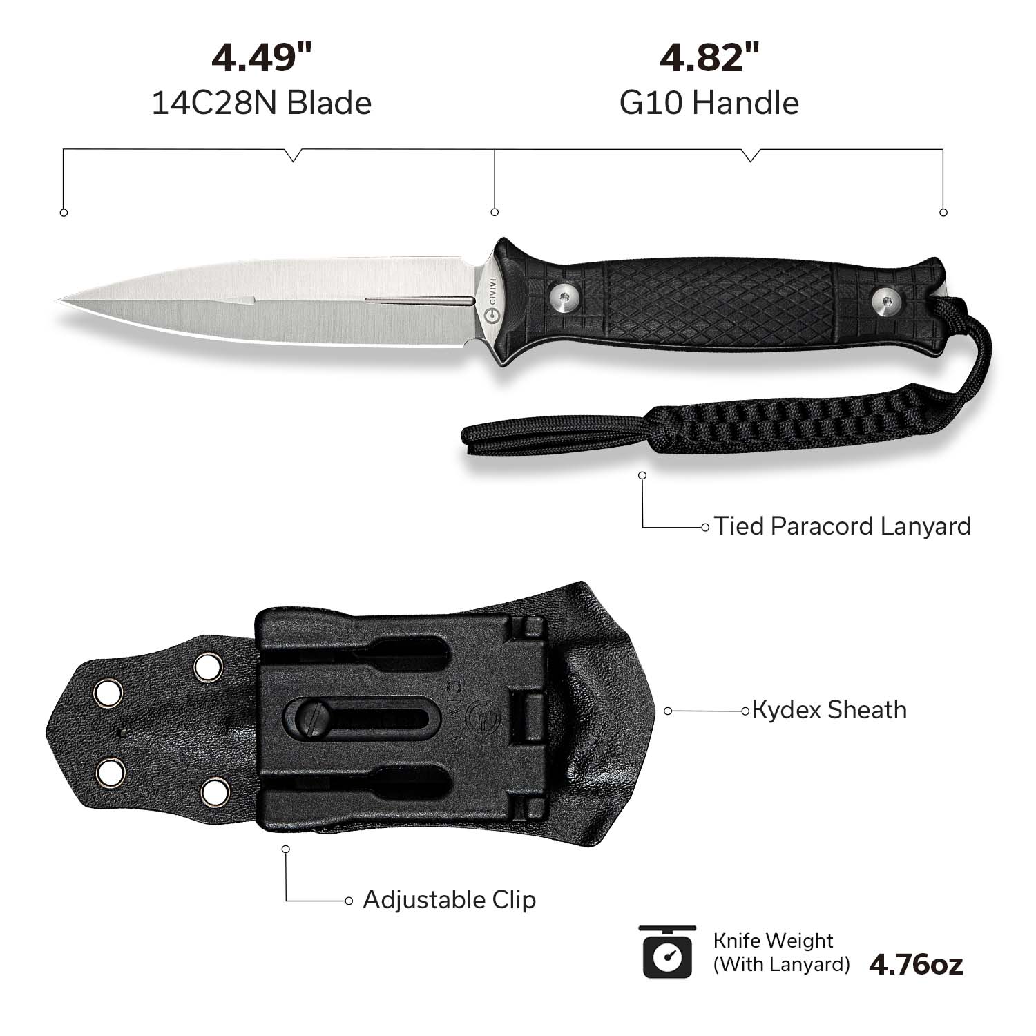 CIVIVI Perfrico Fixed Blade Knife G10 Handle (4.49" 14C28N Blade) C23026-1 - Image 6