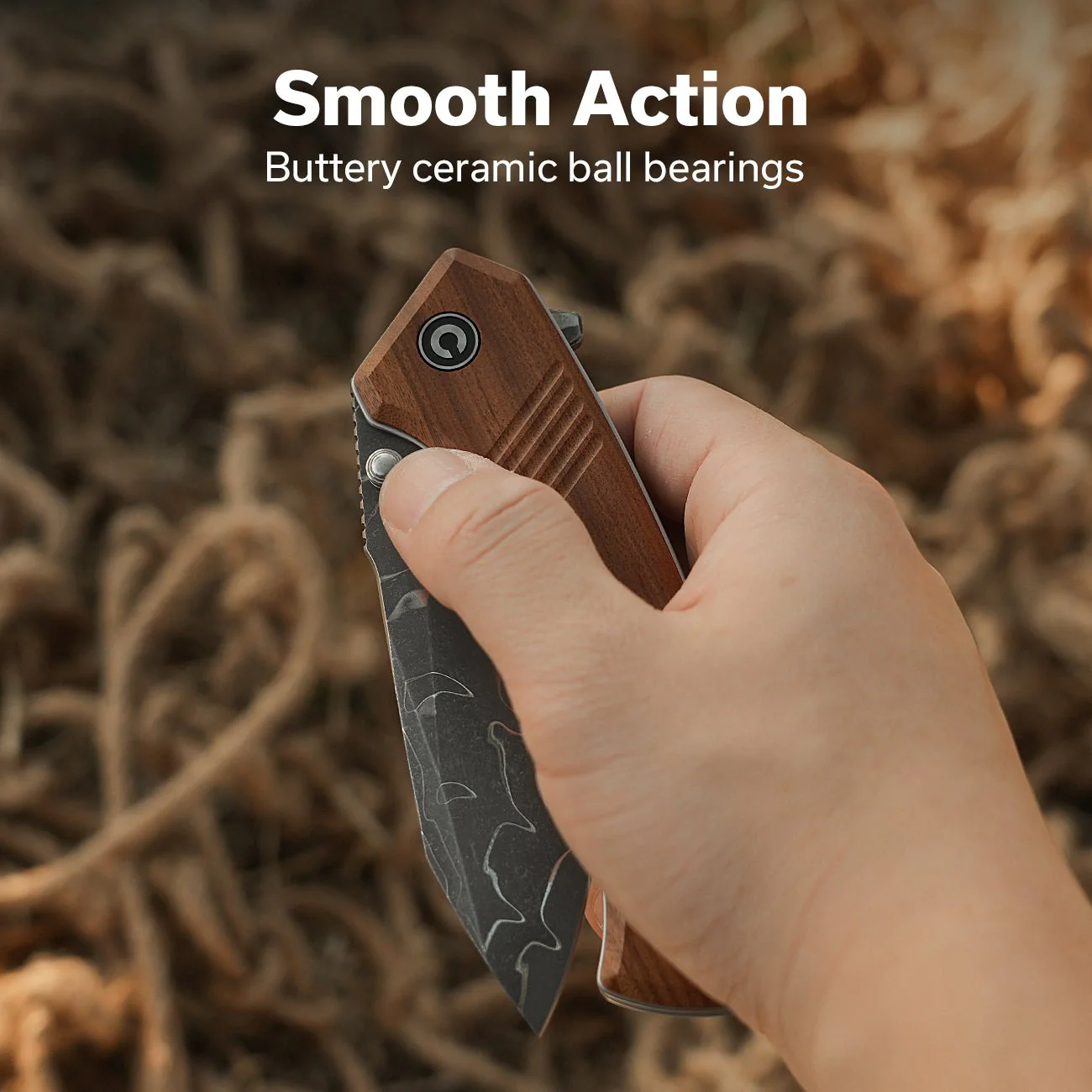 CIVIVI Placoid Flipper & Thumb Stud Knife Wood Handle (3.67" Damascus Blade) C23079-DS1 - Image 3