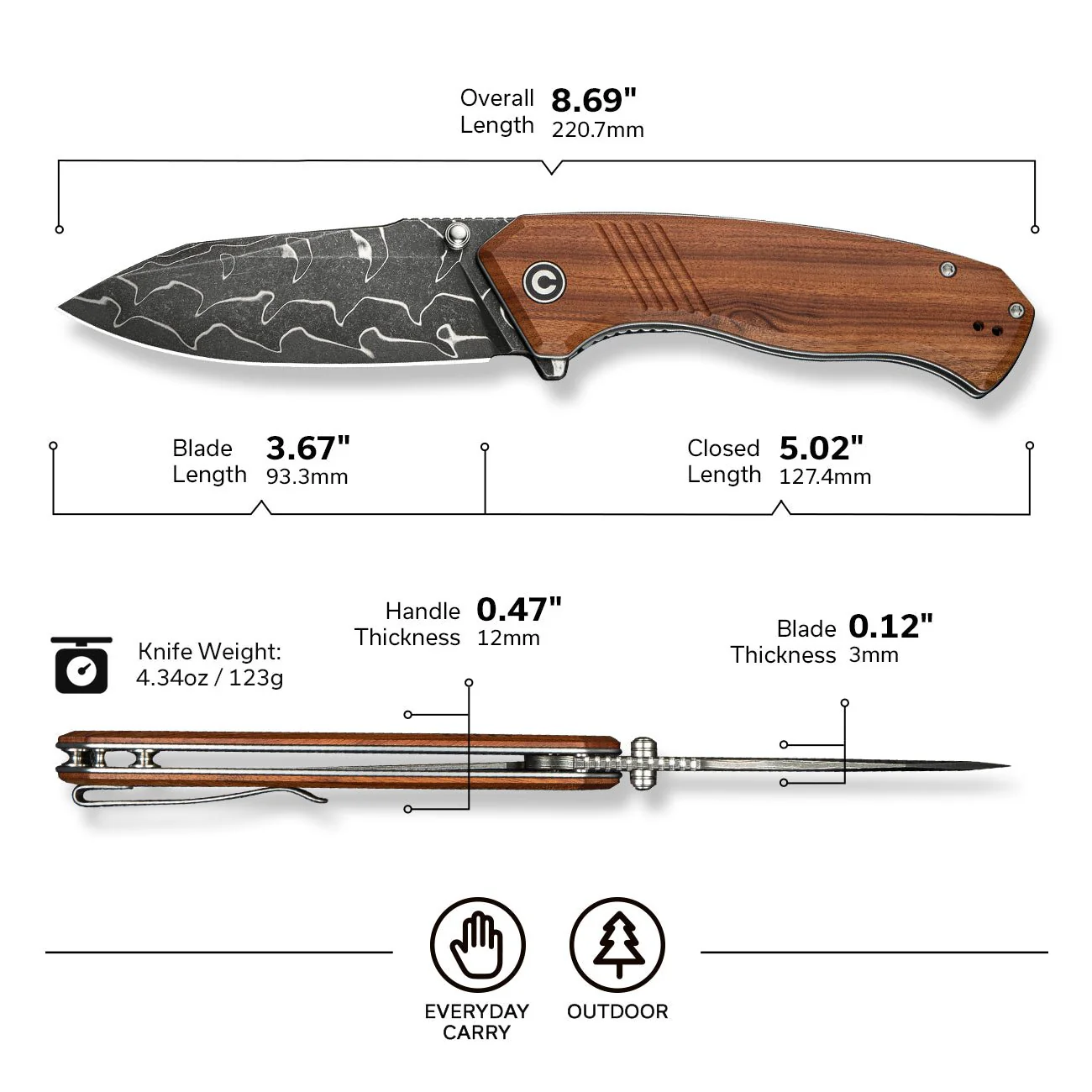 CIVIVI Placoid Flipper & Thumb Stud Knife Wood Handle (3.67" Damascus Blade) C23079-DS1 - Image 7