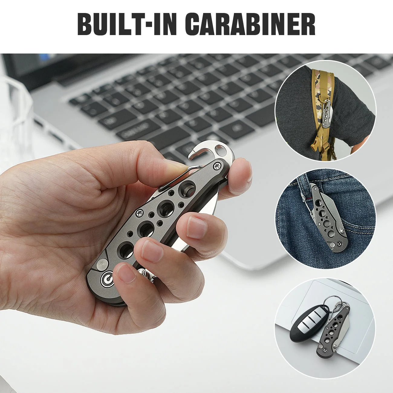 CIVIVI Pragma Thumb Stud & Button Lock Knife Aluminum Handle With S/S Carabiner & Bottle Opener (2.2" Nitro-V Blade) C23062B-2 - Image 3