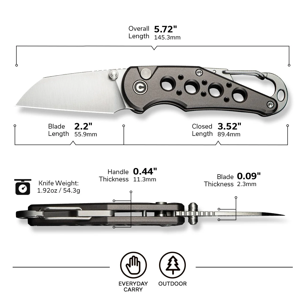 CIVIVI Pragma Thumb Stud & Button Lock Knife Aluminum Handle With S/S Carabiner & Bottle Opener (2.2" Nitro-V Blade) C23062B-2 - Image 6