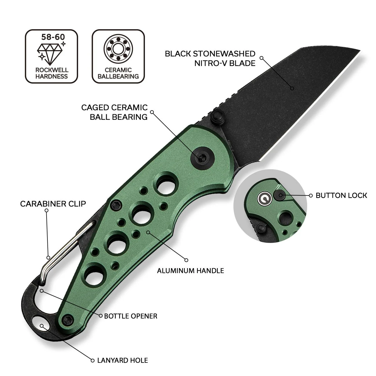 CIVIVI Pragma Thumb Stud & Button Lock Knife Aluminum Handle With S/S Carabiner & Bottle Opener (2.2" Nitro-V Blade) C23062B-3 - Image 5