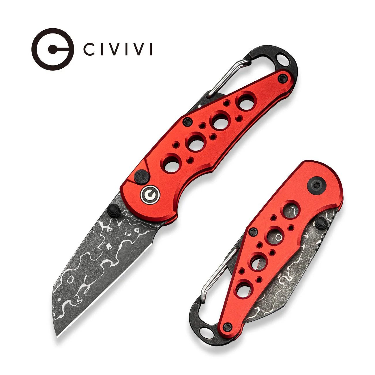 CIVIVI Pragma Thumb Stud & Button Lock Knife Aluminum Handle With S/S Carabiner & Bottle Opener (2.2" Damascus Blade) C23062B-DS1