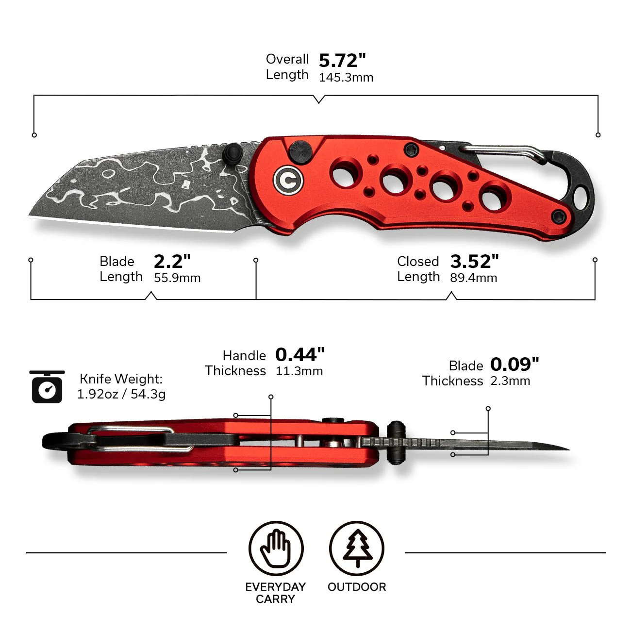 CIVIVI Pragma Thumb Stud & Button Lock Knife Aluminum Handle With S/S Carabiner & Bottle Opener (2.2" Damascus Blade) C23062B-DS1 - Image 6