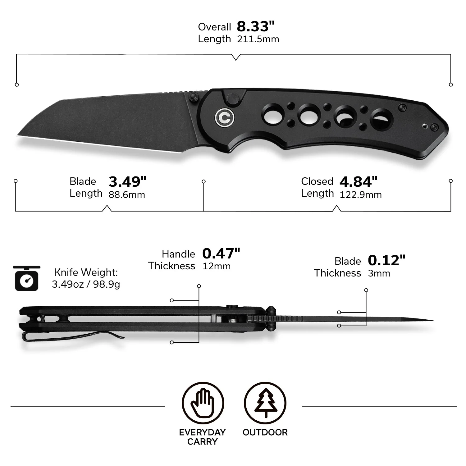 CIVIVI Pragma Prime Thumb Stud & Button Lock Knife Aluminum Handle (3.49" 14C28N Blade) C24067-1 - Image 7