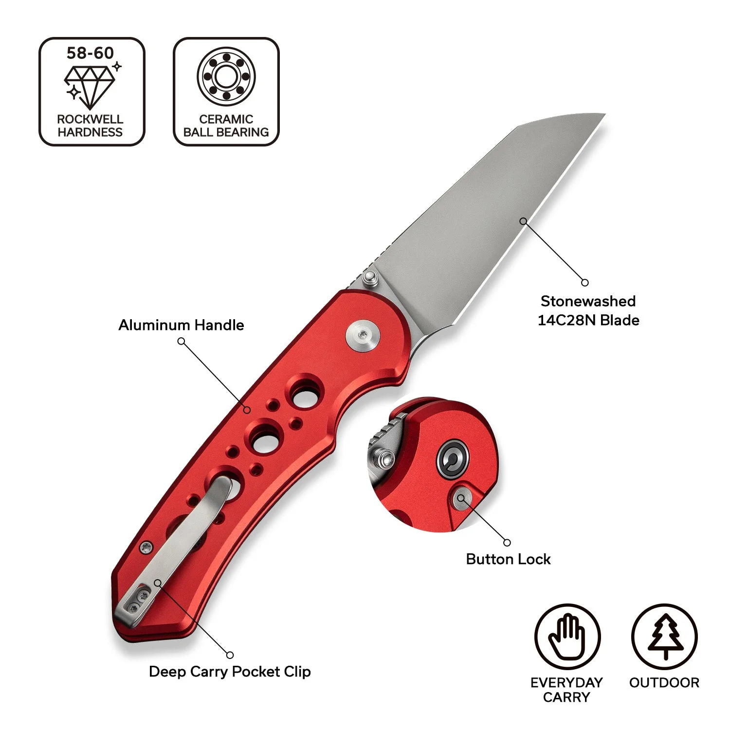 CIVIVI Pragma Prime Thumb Stud & Button Lock Knife Aluminum Handle (3.49" 14C28N Blade) C24067-2 - Image 6