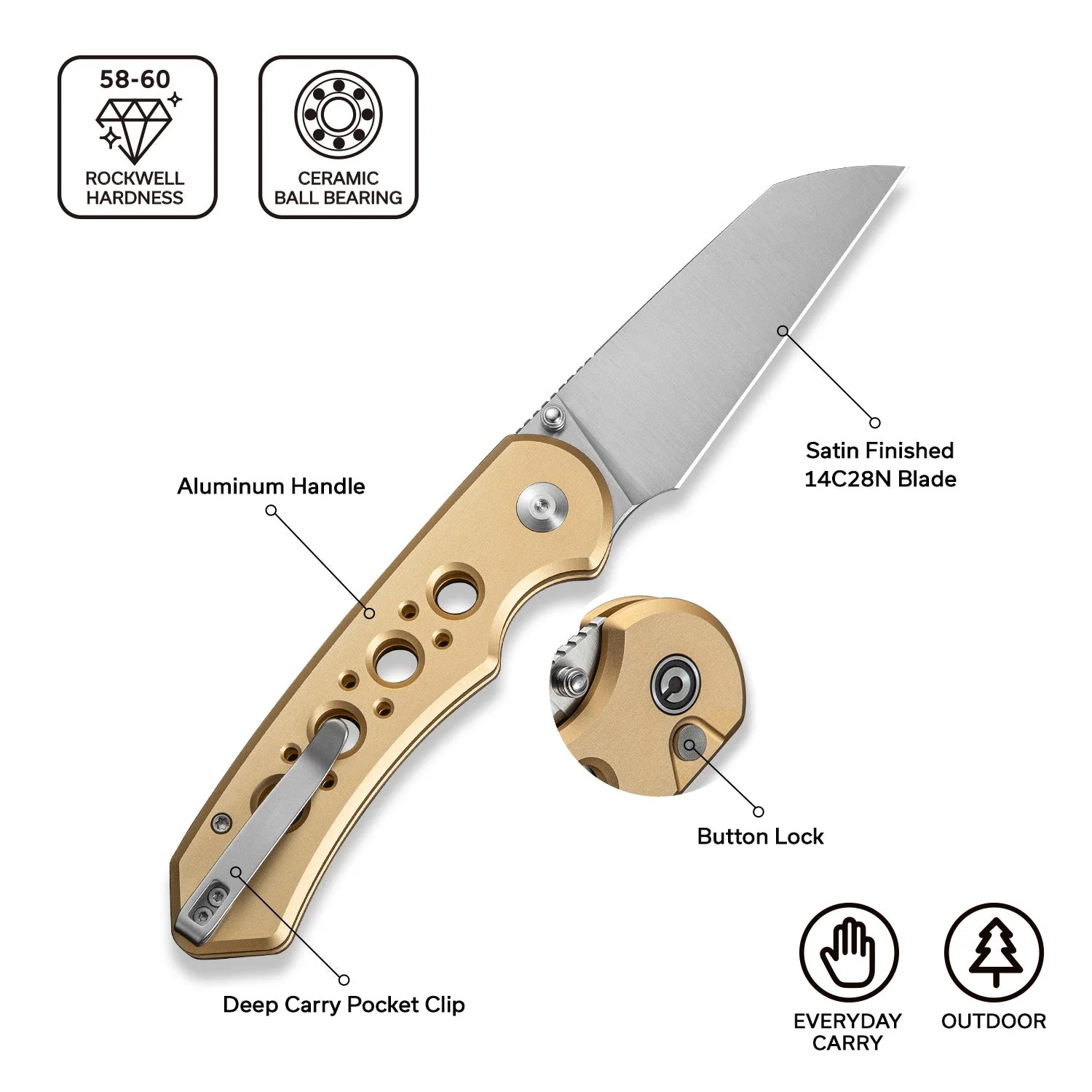 CIVIVI Pragma Prime Thumb Stud & Button Lock Knife Aluminum Handle (3.49" 14C28N Blade) C24067-3 - Image 6
