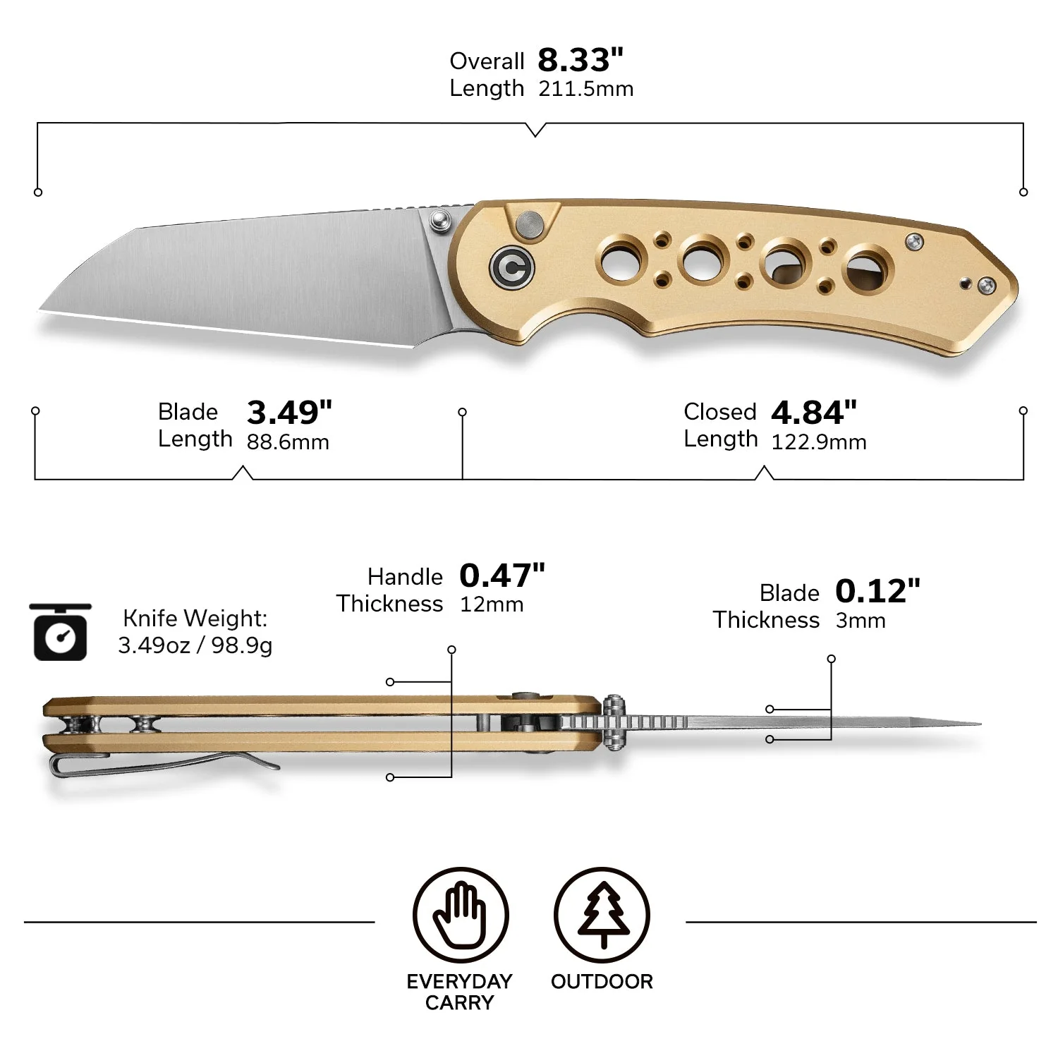CIVIVI Pragma Prime Thumb Stud & Button Lock Knife Aluminum Handle (3.49" 14C28N Blade) C24067-3 - Image 7