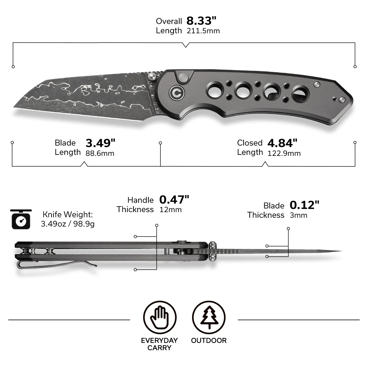 CIVIVI Pragma Prime Thumb Stud & Button Lock Knife Aluminum Handle (3.49" Damascus Blade) C24067-DS1 - Image 7