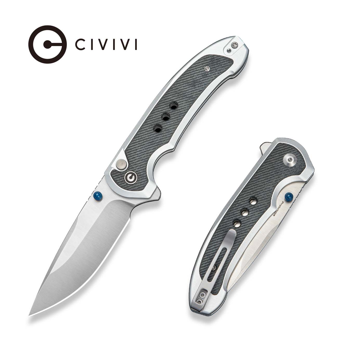 CIVIVI Reveal Flipper & Thumb Stud & Button Lock Knife Gray Aluminum Handle With Micarta Inlay (3.37" Satin Finished 14C28N Blade) C25108 Sample1