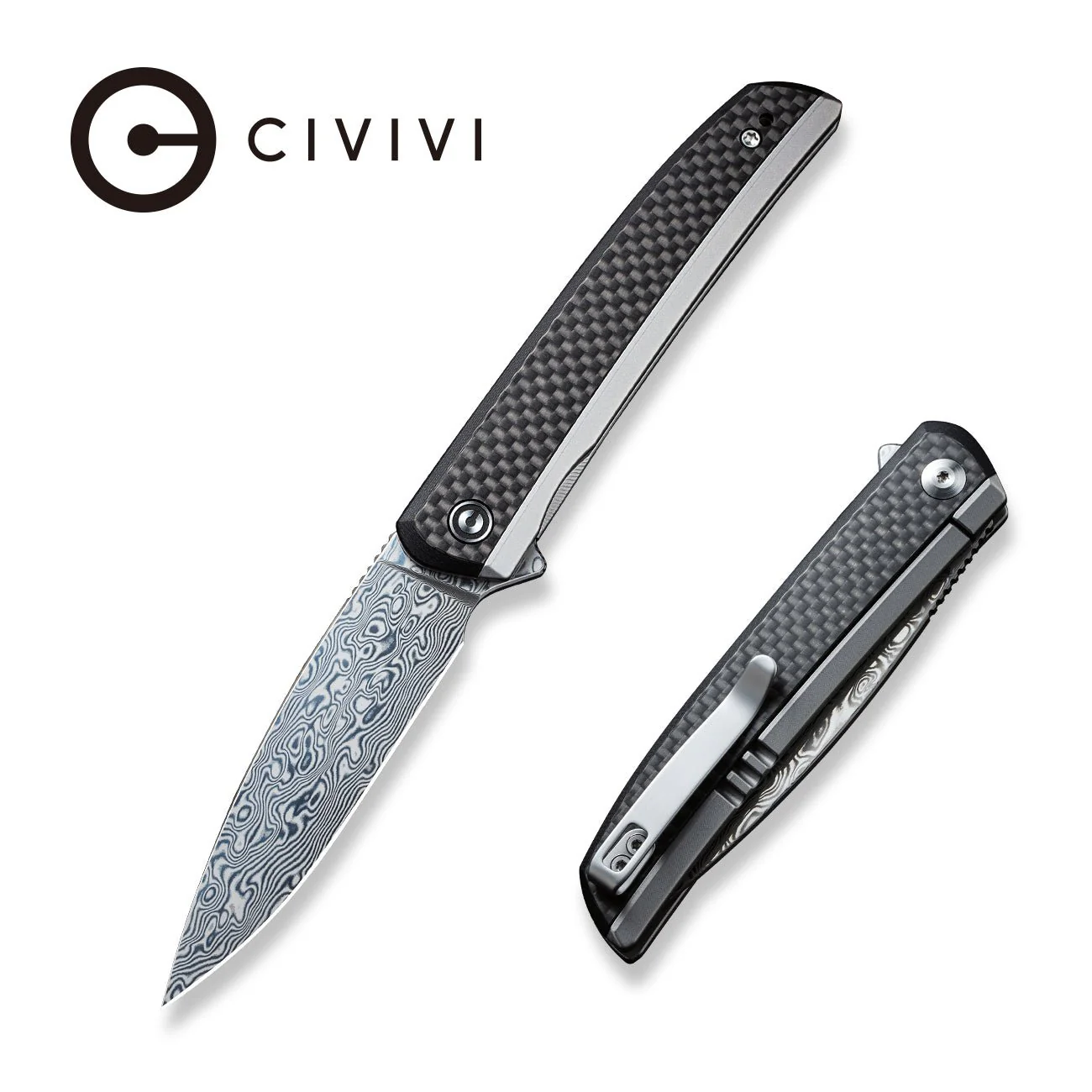 CIVIVI Savant Flipper Knife Stainless Steel & G10 & Carbon Fiber Handle (3.47" Damascus Blade) C20063B-DS1