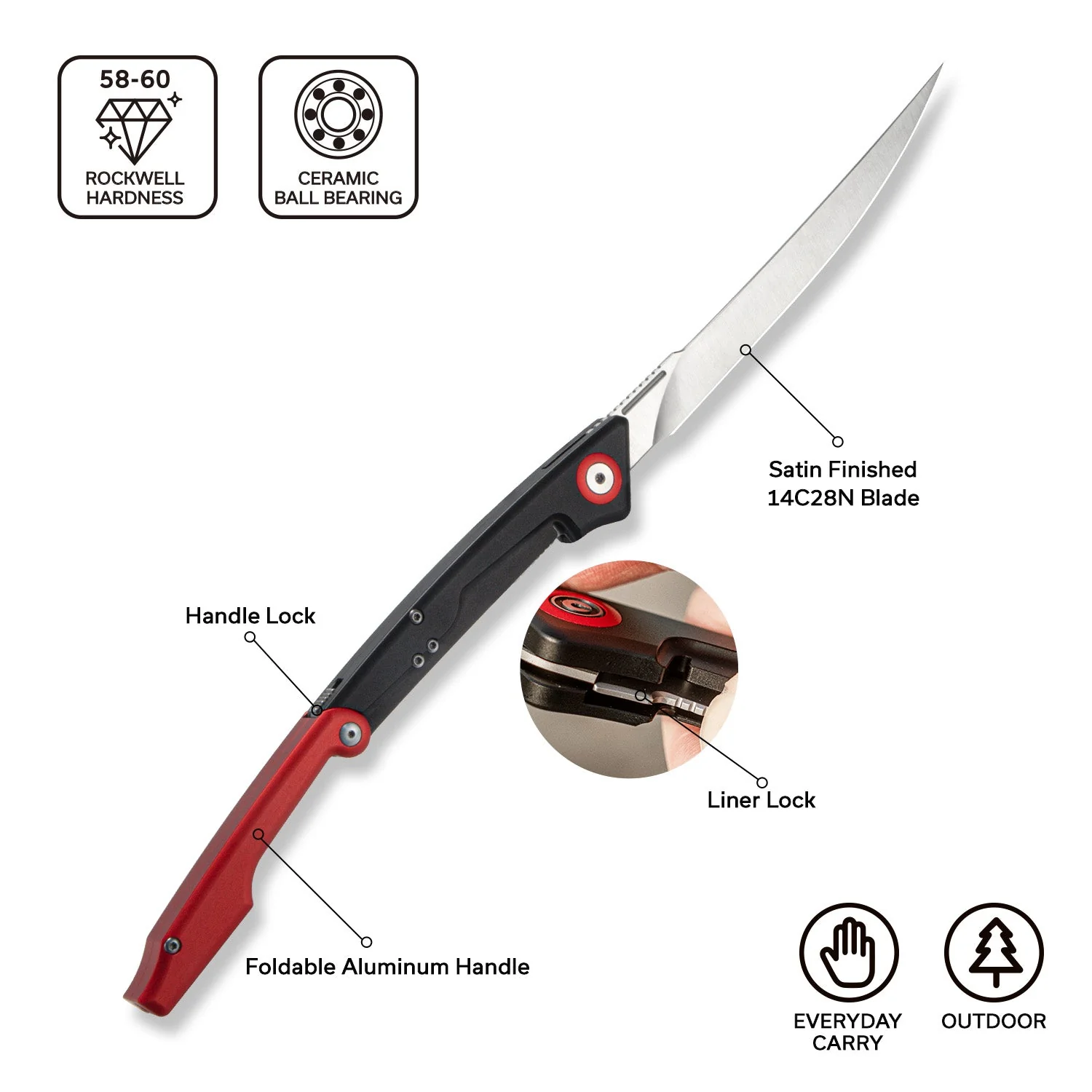 CIVIVI Shawka Folding Fillet Knife Aluminum Handle (5.81" 14C28N Blade) C22029B-1, With 1PC Black Nylon Sheath - Image 7