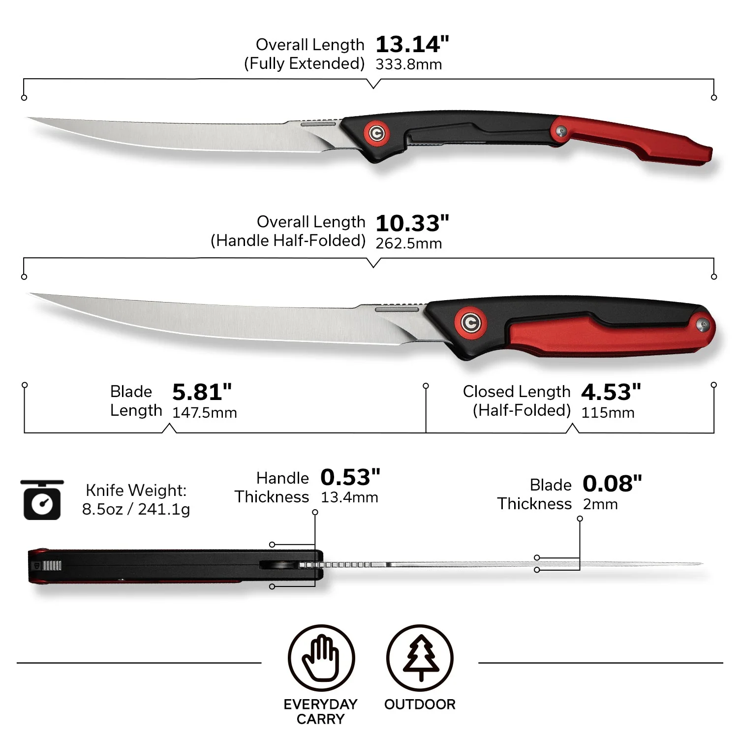 CIVIVI Shawka Folding Fillet Knife Aluminum Handle (5.81" 14C28N Blade) C22029B-1, With 1PC Black Nylon Sheath - Image 8
